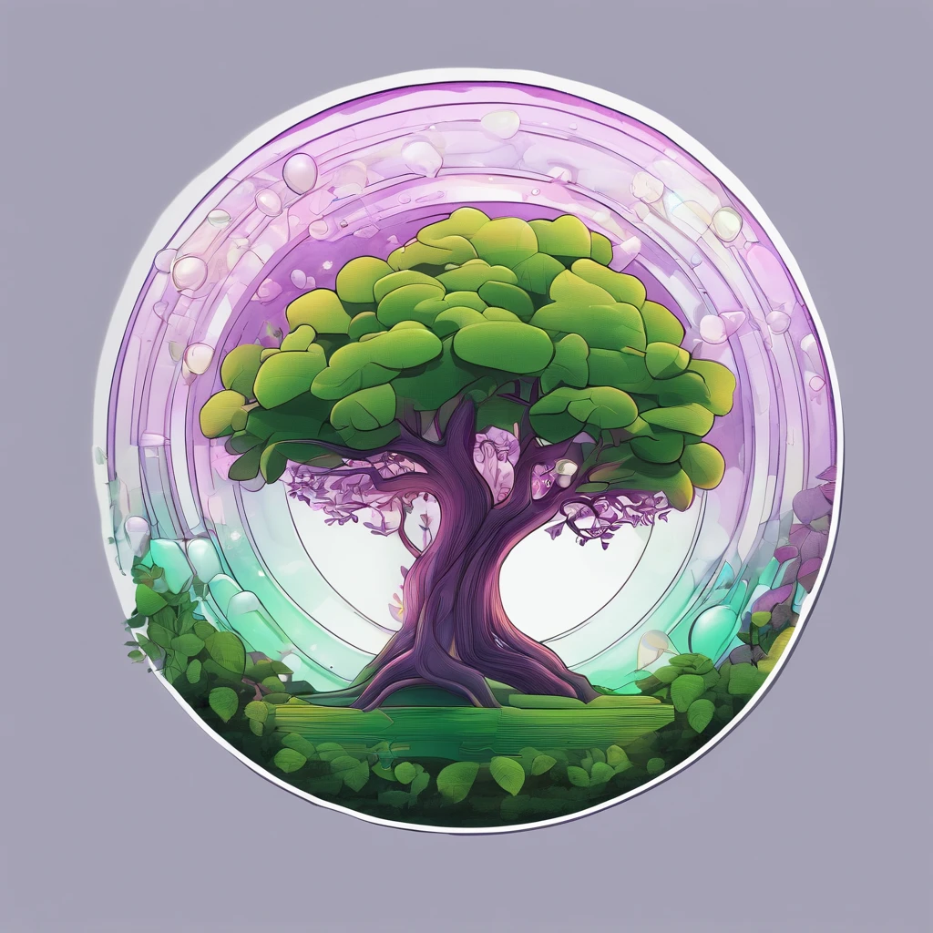 a logo sticker of a bubble, 3D neon light art, in the dark of night, (a big old magical tree), (a whole tree in a bubble), (green leaves: 1.3), large roots growing on the ground, leaves falling from the tree, many colored fireflies around the tree,(( tiny stars are twinkling in the bubble)), dozens of purple glowing crystals around the roots, ((white background)), Detailed leaves, detailed tree, detailed color, ultra detailed, high resolution, 32k, colorful style, photo-realistic, align-centered image