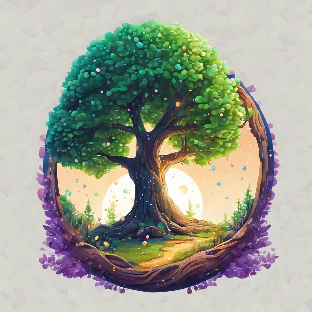 a logo sticker of a bubble, 3D neon light art, in the dark of night, (a big old magical tree), (a whole tree in a bubble), (green leaves: 1.3), large roots growing on the ground, leaves falling from the tree, many colored fireflies around the tree,(( tiny stars are twinkling in the bubble)), dozens of purple glowing crystals around the roots, ((white background)), Detailed leaves, detailed tree, detailed color, ultra detailed, high resolution, 32k, colorful style, photo-realistic, align-centered image