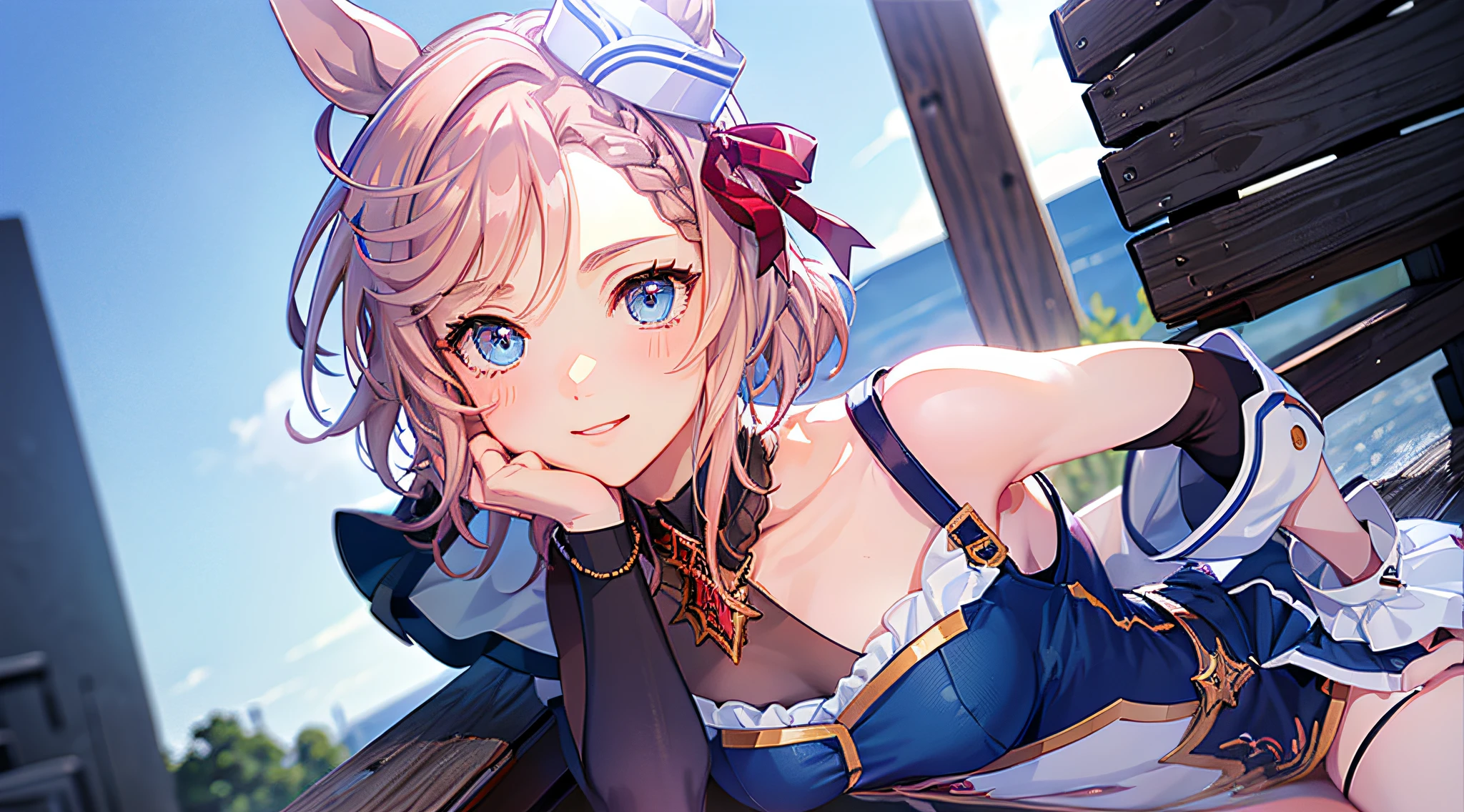 8K, Best Quality, masutepiece, Highly detailed, Semi-realistic illustrations, 1girl in, , (Baby face), eyes), Venus Park \(Umamusume\), maturefemale, (Small breasts), Beautiful face, Pink hair, blush, Looking at Viewer, ((cute smile face)), Sitting on a park bench, ((on the park, A clear day, In France)), (Dynamic Angle:1.3, Face Focus:1.5), extreme close - up, (soft warm lighting)