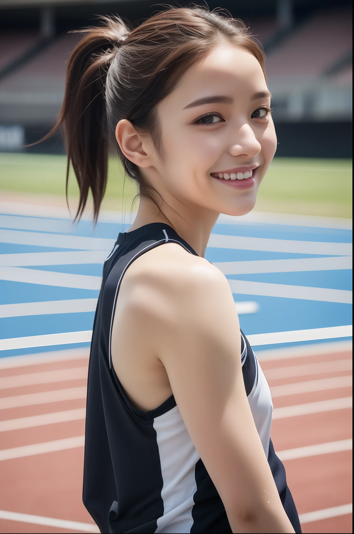 (((full bodyesbian)))、japanese beauty girl、(((track and field uniform)))、((Glossy shoulder-length black hair))、Posing、hairarmpits、Wet body、Sweaty body、Perfect style、beauty legs、kawaii、((Track & Field Athletes Women))、(((1人)))、((stadium))、Transcendent cute、A slight smil、Beautiful breasts、full bodyesbian、athletic field、((Outstanding style))、((Healthy body))、 Photorealsitic、Beautiful detailed eyes、Hyper-Realism、highcontrast、Ultra HD、realistic skin textures、Top image quality、top-quality、超A high resolution、Fine details、Very meticulously