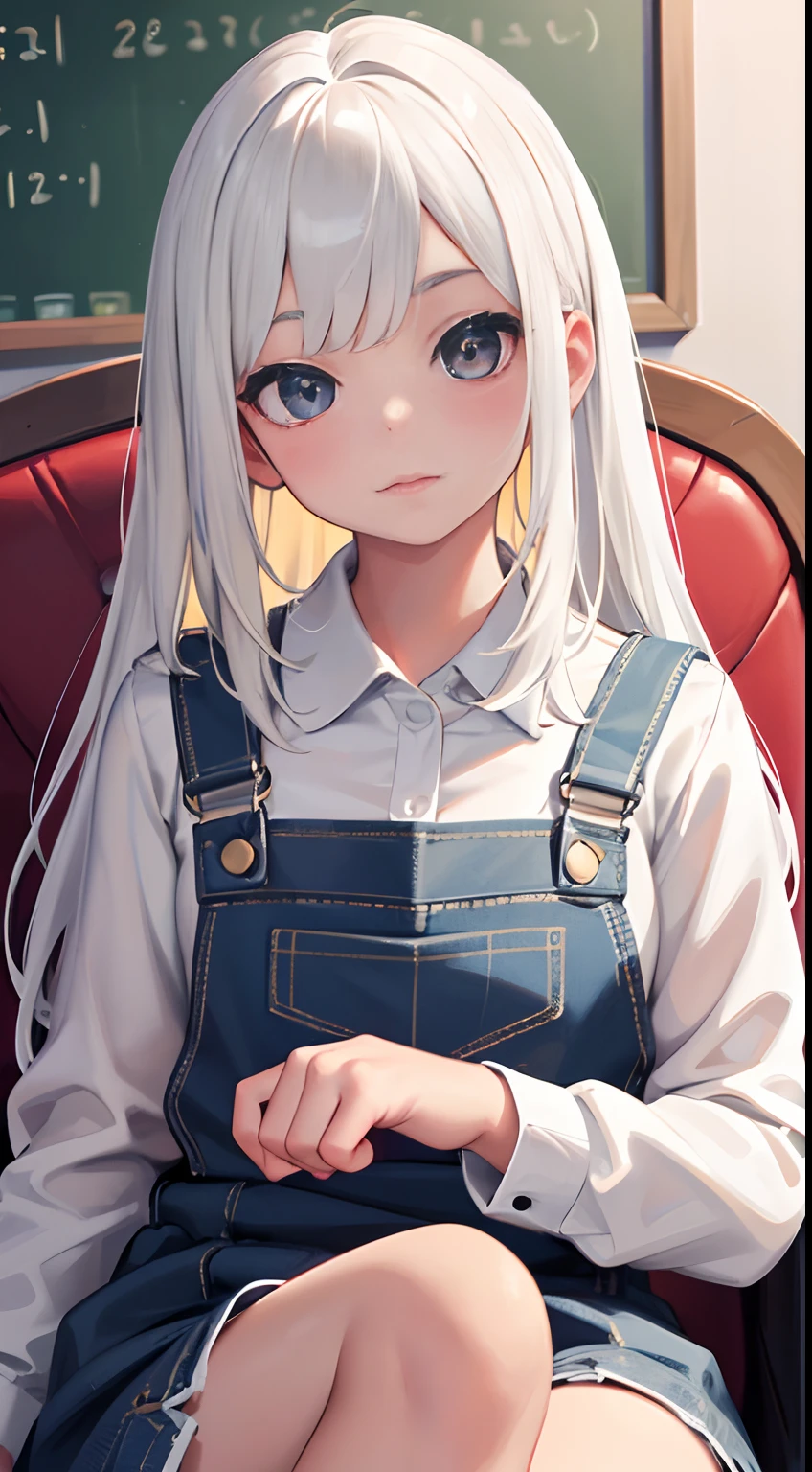 Destined to be good，+Masterpiece, Best quality, Super detailed, A schoolgirl, Beautiful face, rich details​, (Long white hair), Perfect face, overalls, Sitting, Close-up, Shabby sofa