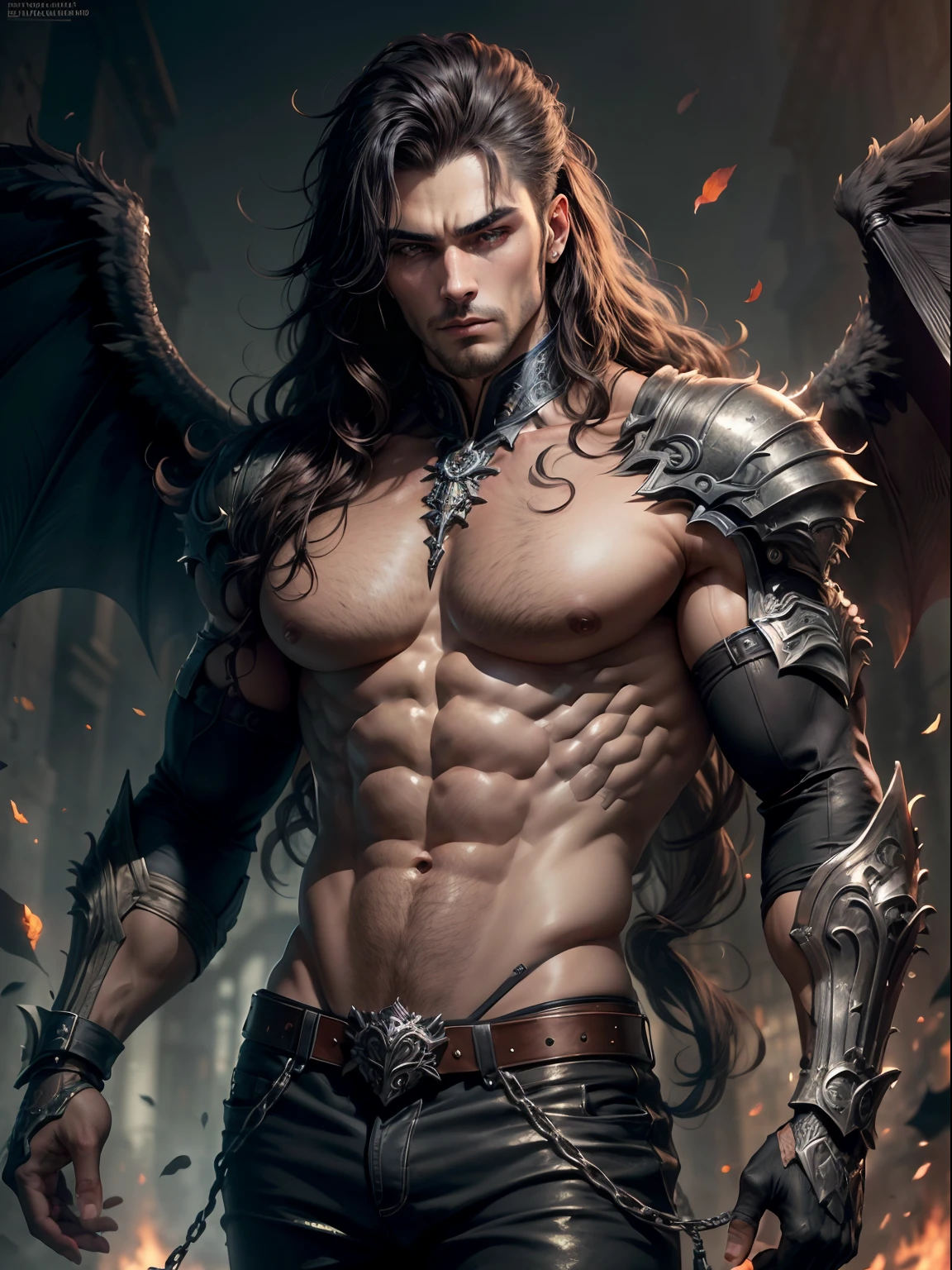 ((Masterpiece, Best Quality, High Resolution)) Handsome brutal man with two black demonic wings, red eyes, long curly colored hair, muscular, clothed, model fashion pose