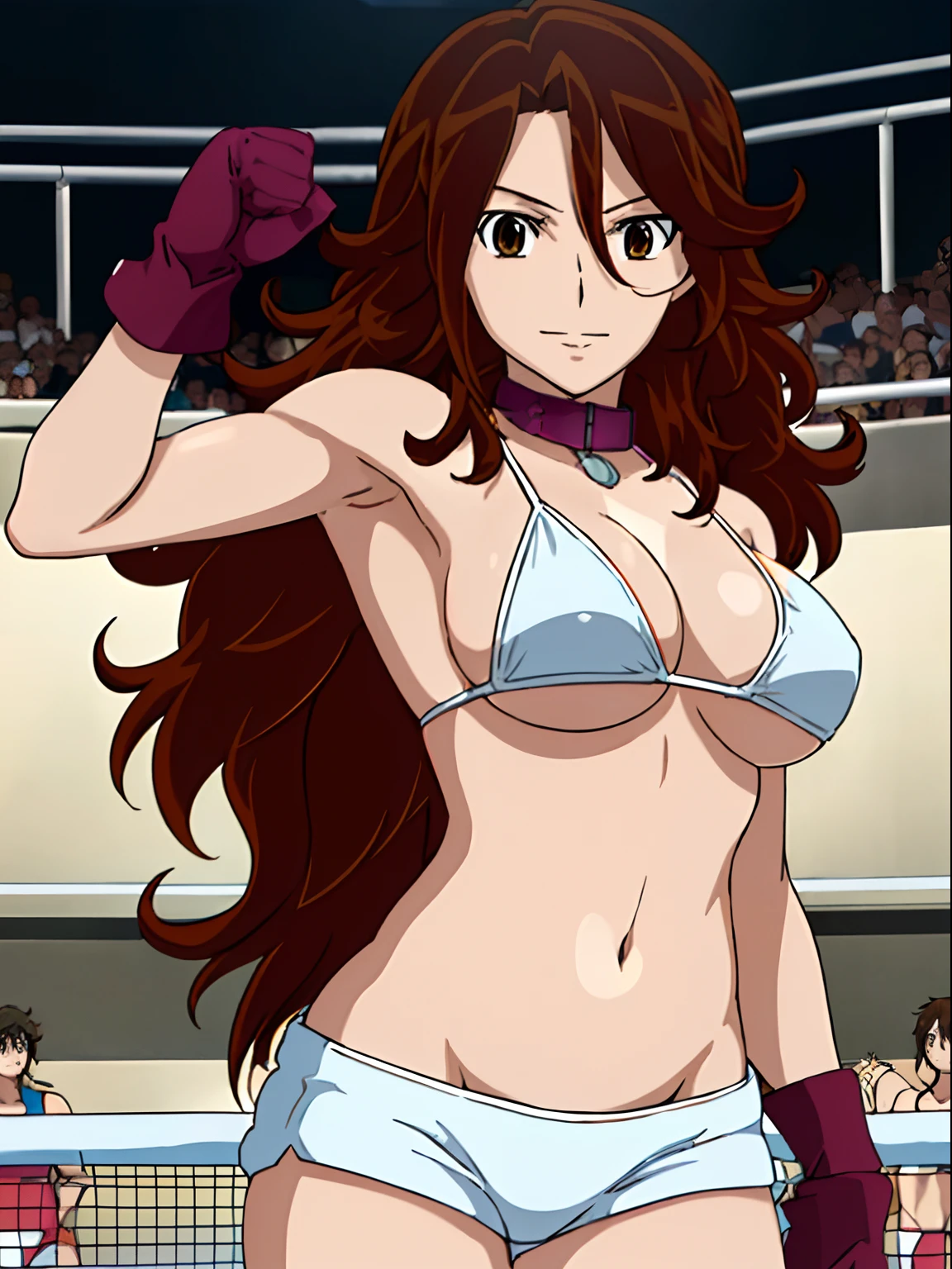 cowboy shot, upper body view, anime style: 1.8, anime drawing, ultra detailed face, ultra detailed body, 4k, Sumergai Lee Noriega, (standing), best quality, anime style, hires, highest definition, digital blending, bold drawing lines, ((slender body, female wrestler), (location: wrestling arena, crowds watching), (strong body, wrestler body, broad shoulders, , little biceps, thighs), ((white micro bikini, shorts, groin, white boots, don't show hands, collar)), victorious, winner, smile, , (big breasts), (big eyes, brown eyes), (warming up), (brown hair, loose hair, curly hair, wavy hair, long hair, missy hair), 27 years old, (show both armpits)