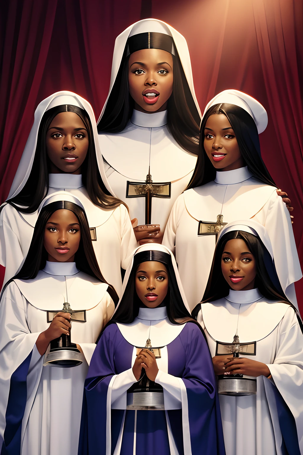 a poster for a Connecticut based theater company producing their rendition of Sister Act as a musical comedy. Combine elements of Sister Act & Sister Act 2 into the design. Light hearted, funny, brightm high-key lighting, comical, musical, singing. Collector's edition, museum quality