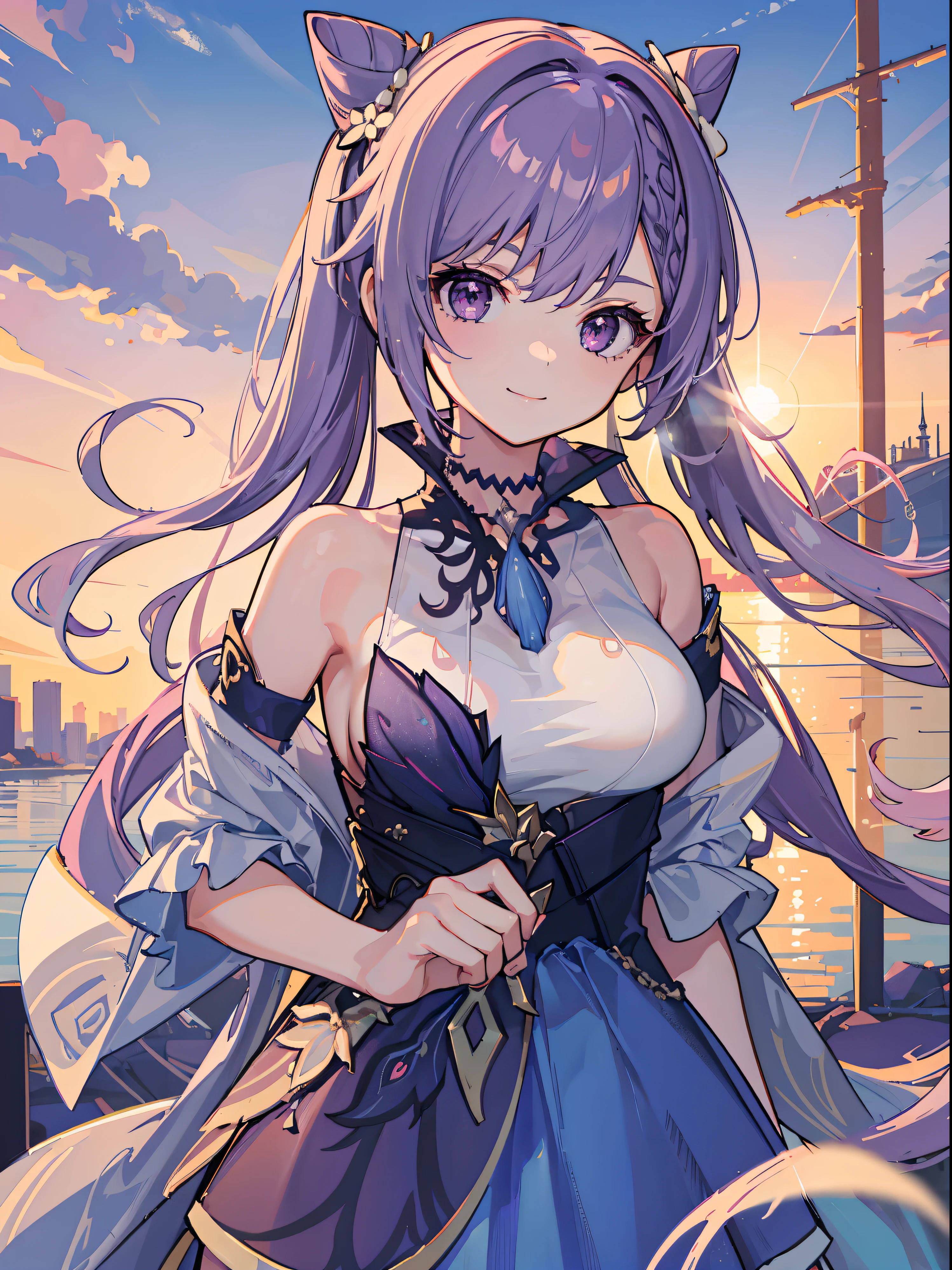 masterpiece, best quality, hyper-detailed, 8k resolution, RAW photo, (1girl),large breasts:1.5, tanktop , gorgeous face, perfect body, 18yo, Neck turtle, happy, posing for photo, purple hair, smile, night, kissing face, sun light