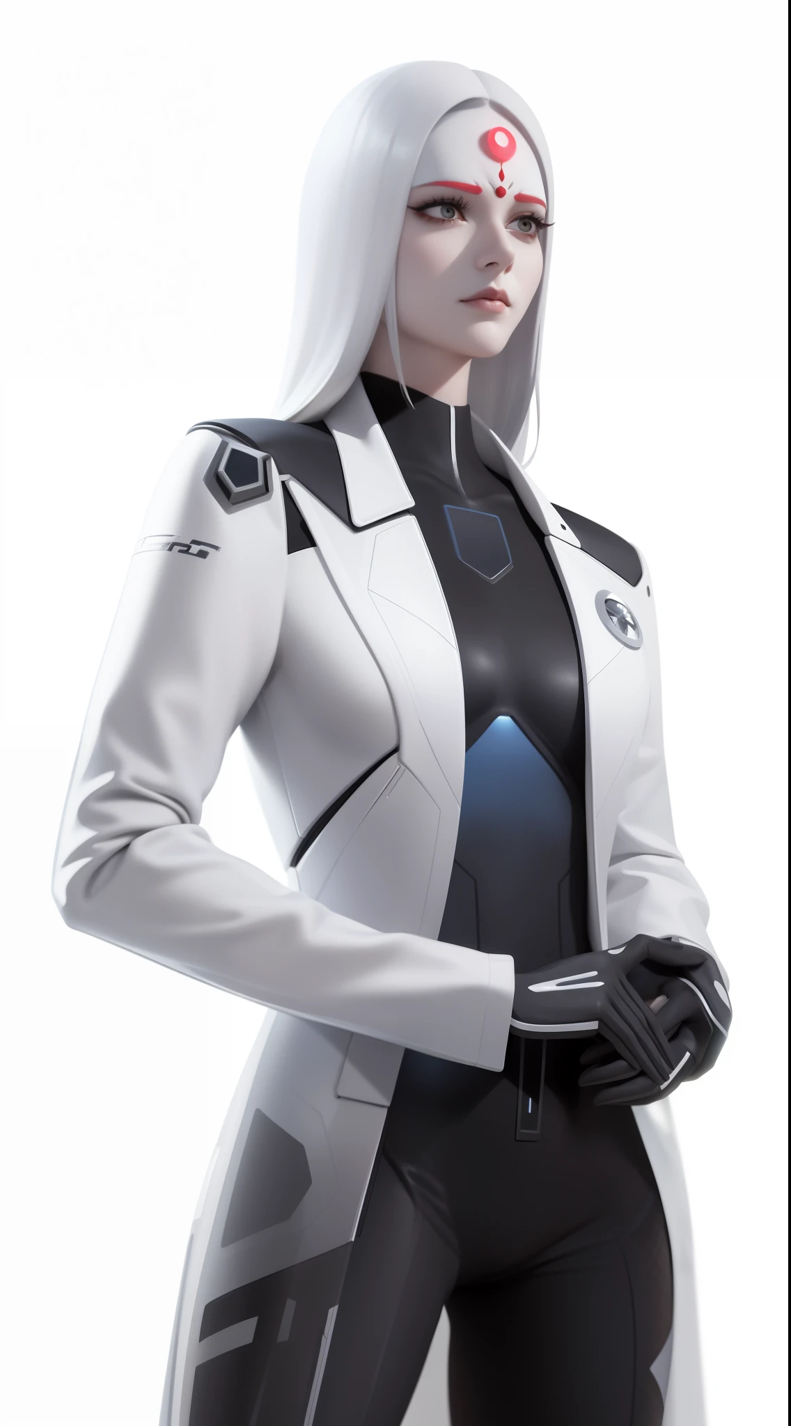 a woman in a white coat and black pants standing, cyber suit, varia suit, science fiction suit, in white futuristic armor, energetic varia suit, wearing futuristic white suit, white uniform, integrated synthetic android, sigma female, cyber future jacket, sci - fi suit, expert high detail concept art, streamlined white armor, cyborg - girl with silver hair, face marge with Hinduism maa durga style,