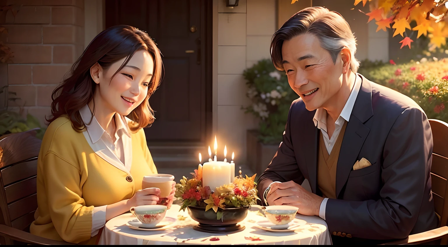 (sonoko, Oil painting, Elegant middle-aged couple, Autumn, Birthday celebration, Vibrant colors, Warm lighting, a joyful atmosphere, Detailed facial expressions, Beautiful garden, Falling leaves, Comfortable outdoor environment, Romantic atmosphere, ssmile, blissful, Love, Laughter)