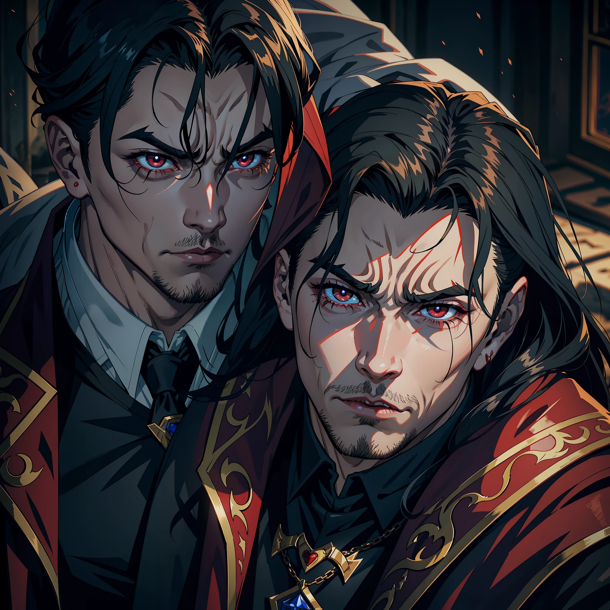 Lord Dracula handsome muscular man expression sad cry tears hyper realistic super detailed Dynamic shot masterpiece cinematic scene scenes movie Epic Legendary Lord Dracula pose of correct sadness expression on his face crying tears on cheeks