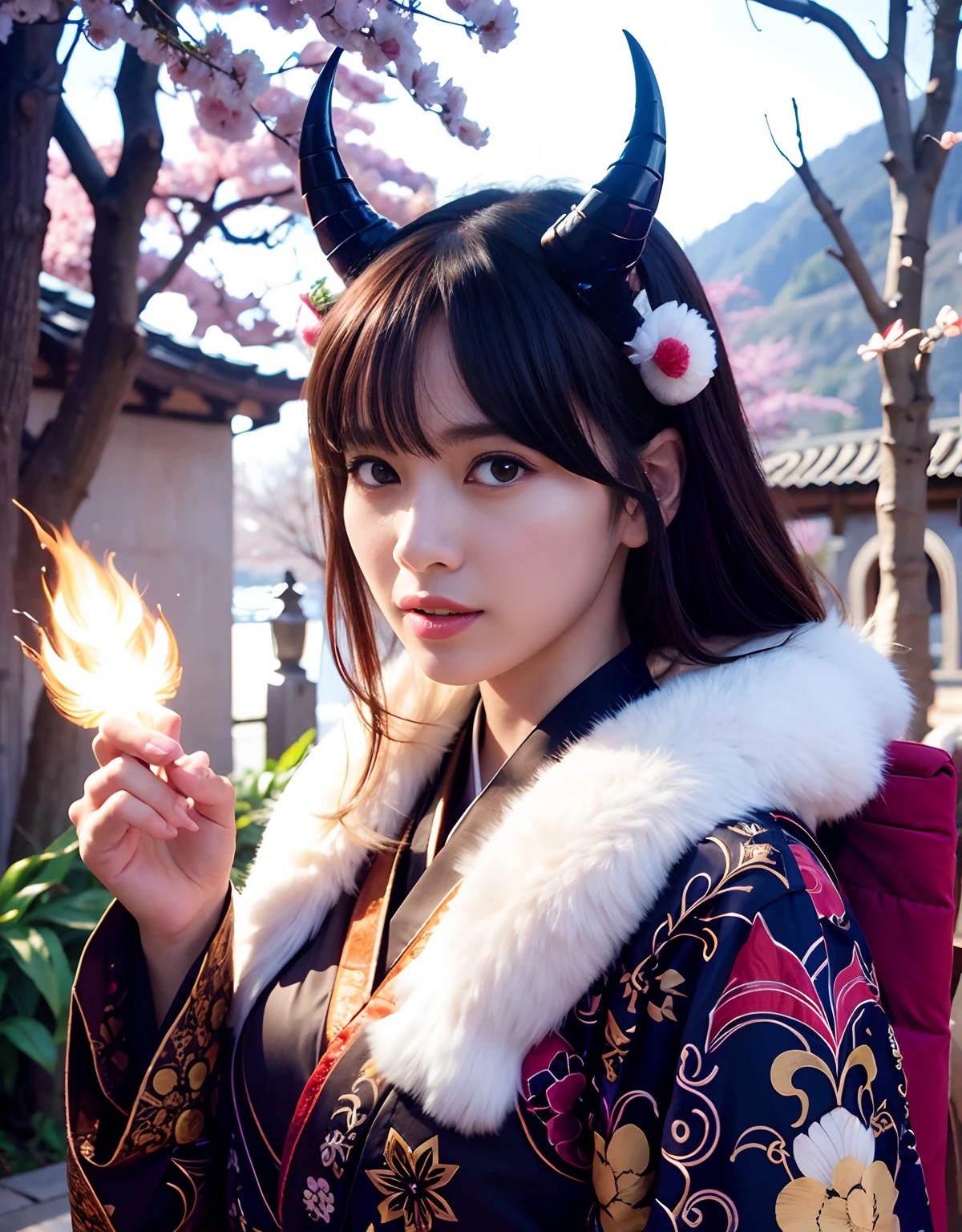 ((White ghost flies)),Professional , ​masterpiece、top-quality、photos realistic , depth of fields 、（Various poses）、(Background of cherry blossoms in full bloom),（Ultimate Beauty）、（A dark-haired）、（Fight ninjas)、Mystical expression、（Kimono with scary pattern）、（Night background）、（（Devil's Wings Grow））,(Wear a kimono with a horror pattern),Armpit、（Wearing a beautiful kimono with colorful scary patterns）、Jewel Gold Weapon、Particles of light),（Has a devil's mask）、Gorgeous gold weapons ,Skeleton population、（（ Gorgeous Dragon Sword）） , （a dark night）,,（White ghost flies） 、（（Black Haired Beautiful Girl））、（Castle background）、（demonic wings）、（（Gangle's forest background））、Beautiful Caucasian beauty、１a person、dynamic ungle,(((Two devil's horns on the head)))、Smaller head、Idle Smile、Thin and beautiful female hands、Mystical expression、Light Effects、intense fighting、Wind-effect、magic circles、With the legendary magic wand、Dragon's tail、