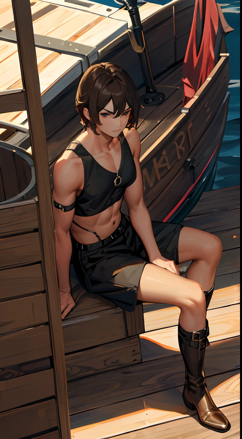Destined to be good，Mature male, musculous, Brown eyes, Shoulder-length brown hair, Wearing tan Greek Evzona shoes，Red details, High black boots, Outdoors, Wooden boat deck, 8K, illusory engine, Highly detailed, Dramatic angle,,