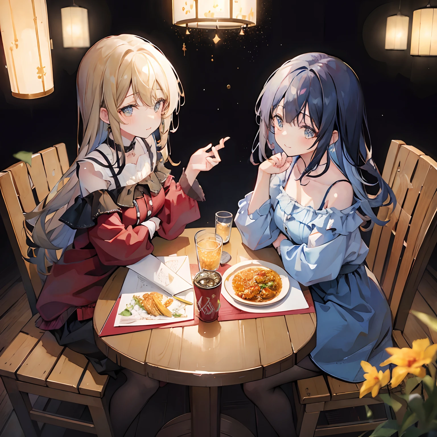 Sitting in a Western-style restaurant((curry rice))Eat(2 girls) (a smile) off shoulder top spoons dim light (starrysky) Full body shot in distance Matte texture Shallow depth of field pixiv style wide angles from above cel anime