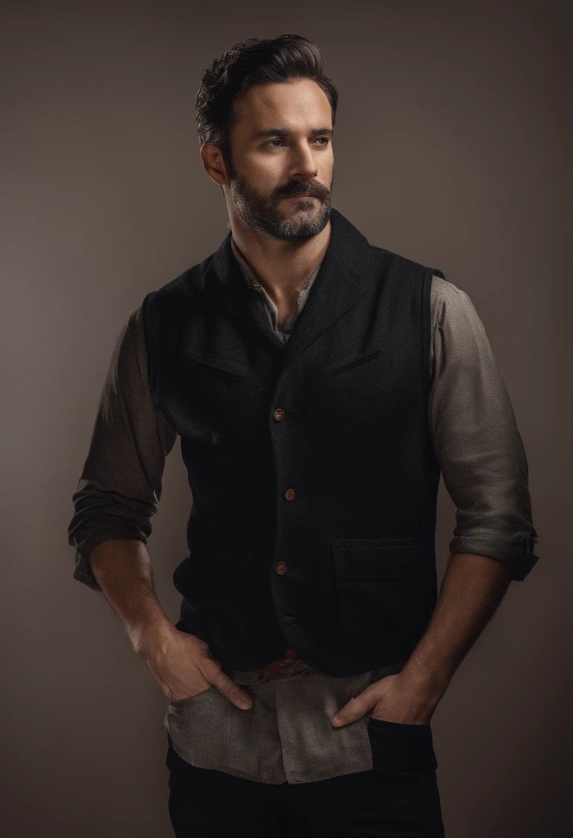 An incredibly handsome and sexy 37-year-old with short dark black hair and brown eyes, angular jaw, Face of the box, barbe de chaume, Grand et maigre, wear a casual shirt and cap. Dark grey background and studio lighting, Installation of the directory, Gros plan sur les personnages, Portrait of the character's head, Gros plan sur les personnages.