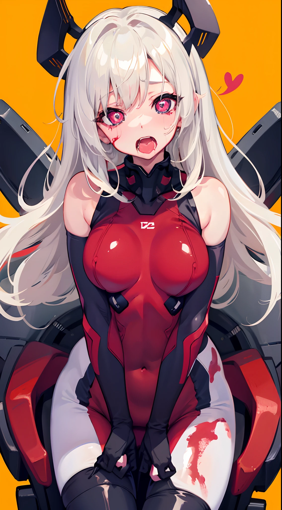 riding machine, 1girl, solo, breasts, sweat, tears,heart-shaped pupils, ahegao, steaming body, bodysuit,v-arms, blood, blood on face.