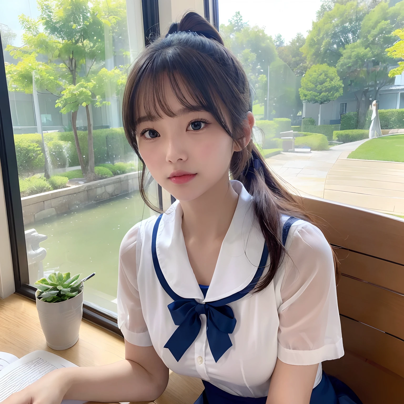 ((32K, top-quality:1.5, masterpiece, 超A high resolution, Photorealsitic)), 1girl in, , summer vacation, Highly detailed facial and skin texture:1.2, (In a library with open windows, Ponytail fluttering in the wind, Sit down and read a book:1.3), (Extremely beautiful face:1.3, Beautiful Women in Perfect Style:1.1), (Ultramarine Ribbon Summer Sailor Uniform Uniform:1.3, Sheer feeling), (pleatedskirt), well-shaped breasts, Pensive expression, Light smile, blurry backround, Cute attitude, Quiet Pose