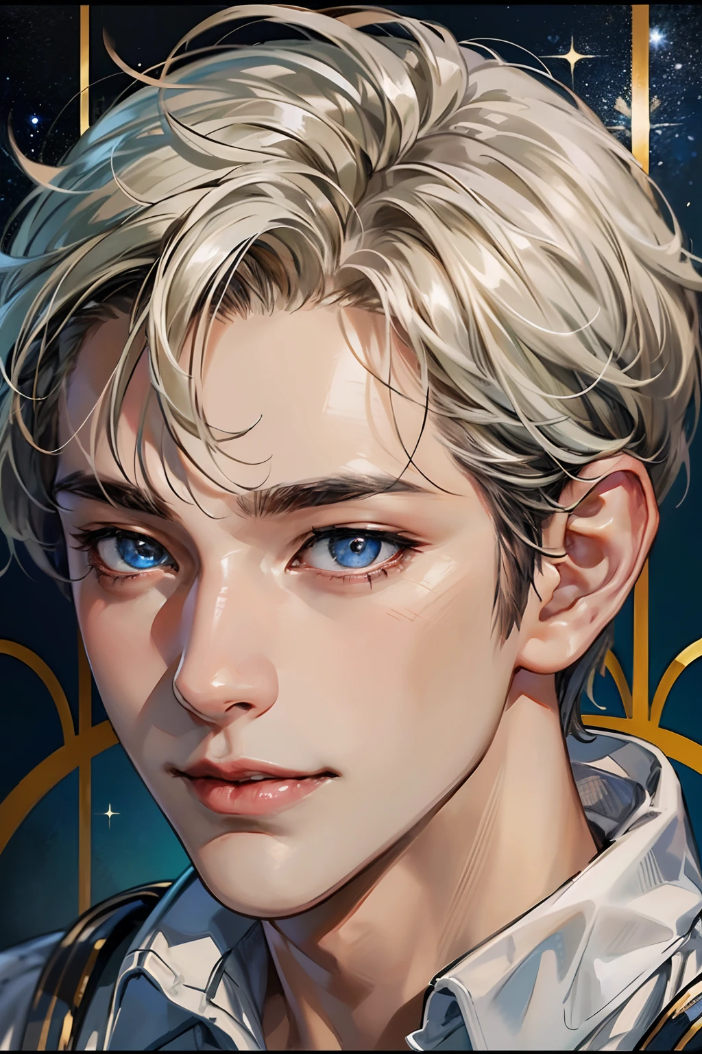 (Absurd, High Resolution, Ultra Detail, HDR), Masterpiece, Top Quality, 1 Boy, Handsome, Short Hair, Fine Eyes and Detailed Face, Shining Eyes, (White Y-Shirt), Dimples, Mysterious, Fantastic, Starry, Light Smile