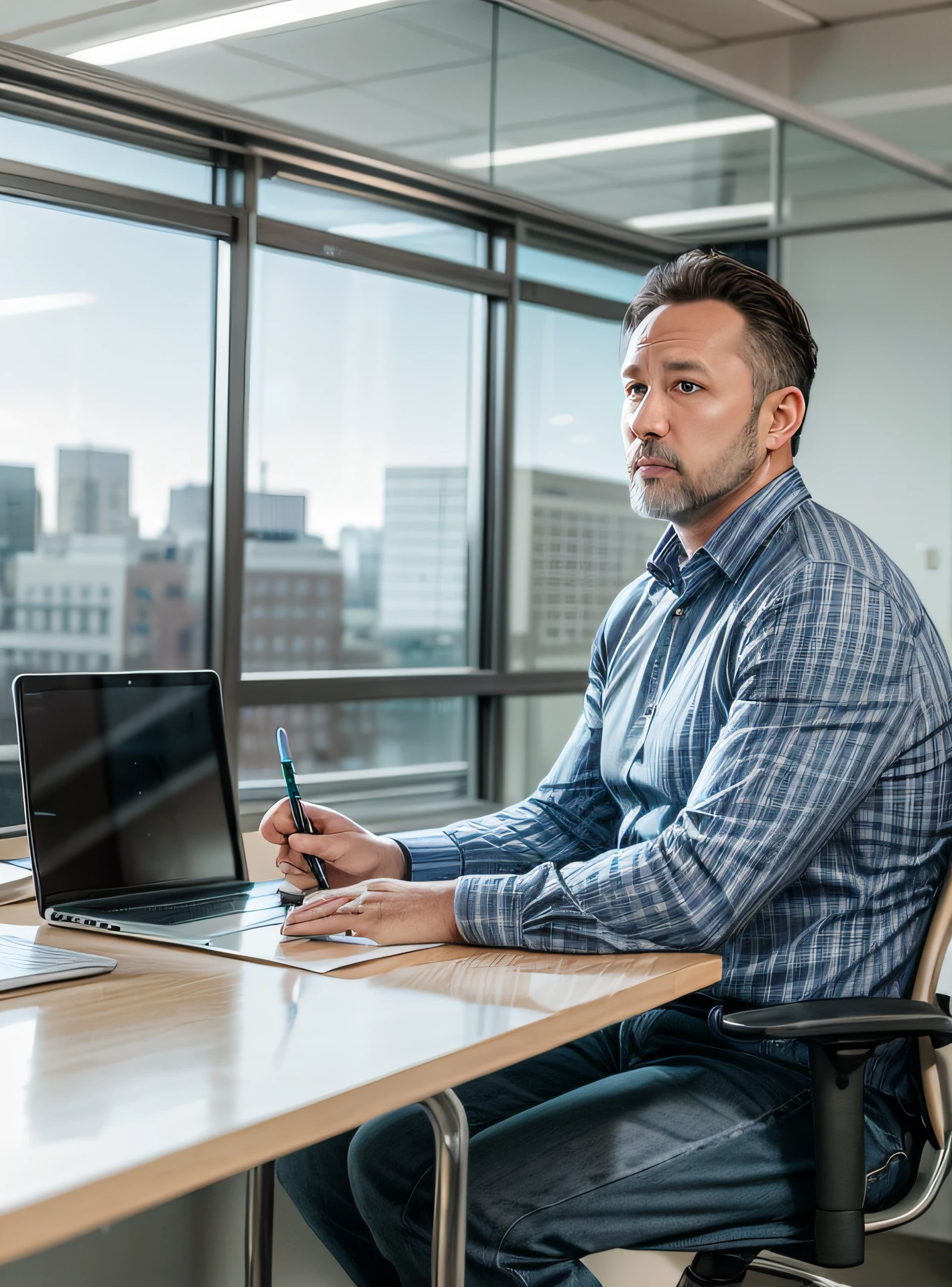 realistic photo, a realistic photo of a 40-year-old man sitting at his desk, working in a large open space modern office