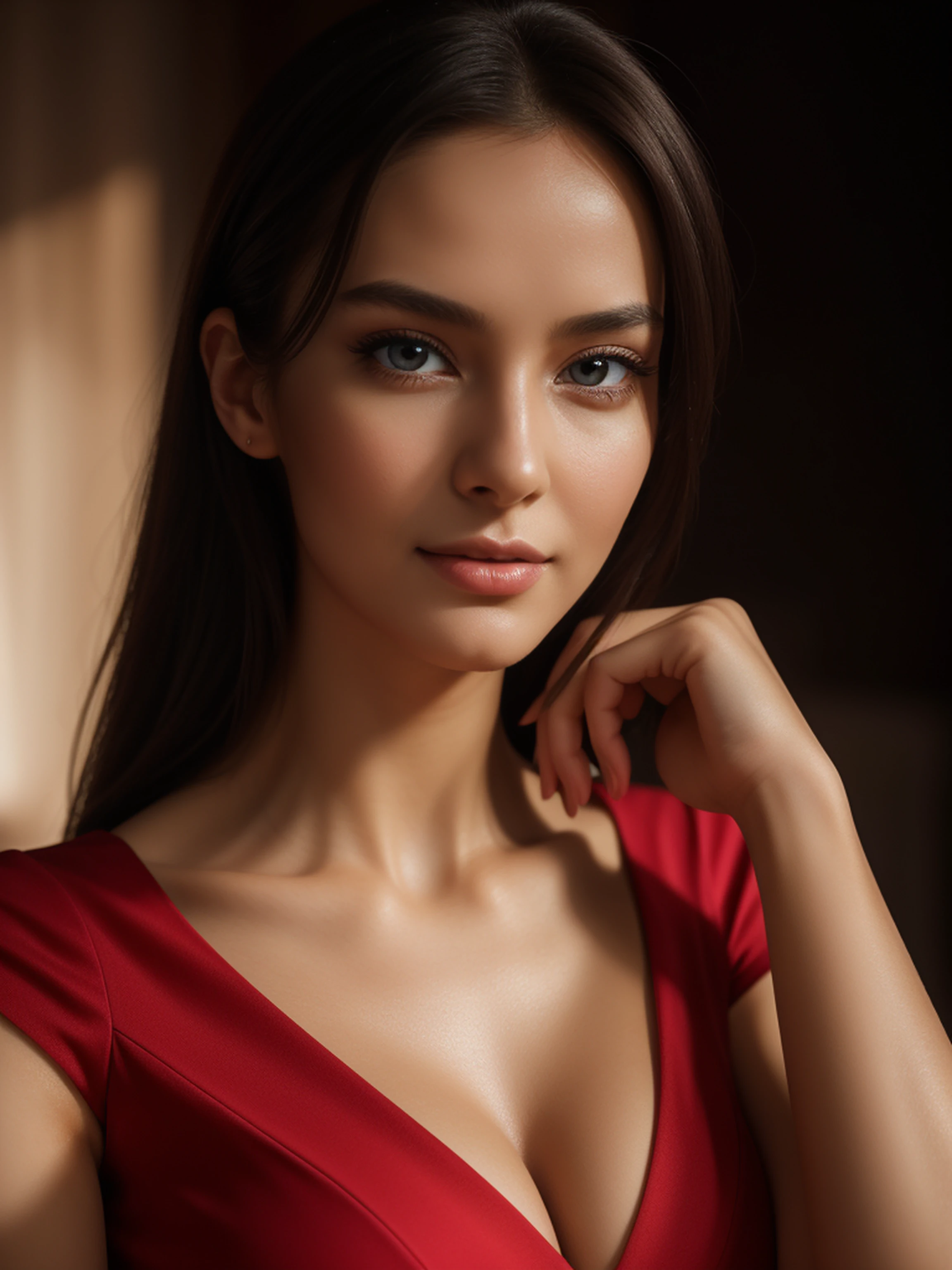 ((facial portraits, upper-body, close-up)),(best quality,4k,8k,highres,masterpiece:1.2),ultra-detailed,(realistic,photorealistic,photo-realistic:1.37),(1girl),(18years old),(((irene1:1.2))),(((Excella_er5:1.2))),(sharp focus:1.5),pearl skin,(skin pores:1.1),extremely detailed face and skin texture,(skin texture:1.1),black hair,tall and slender body,(192cm tall),thin and delicate figure,graceful posture,strong and defined muscles,flawless skin,defined abs,perfect curves,feminine appearance,embodying elegance and beauty,cleavage breasts,((wearing a (red) shirt dress)),vibrant color,extremely detailed and realistic clothes,(colorful),(film grain:1.3), colorful lighting,expressive faces,vivid eyes,dynamic poses,dramatic chiaroscuro,professional studio settings,creative composition,glowing highlights,subtle shadows,emotional expressions,authentic emotions,insta-worthy,high-fashion styles,lively backgrounds,individual character traits,unique personalities,powerful gazes,precise facial features,life-like hair textures,surreal elements,dreamy atmosphere,masterful brushstrokes,instantly captivating,mesmerizing gaze,natural beauty,realistic lighting effects,capturing the essence of the subject,unforgettable expressions.