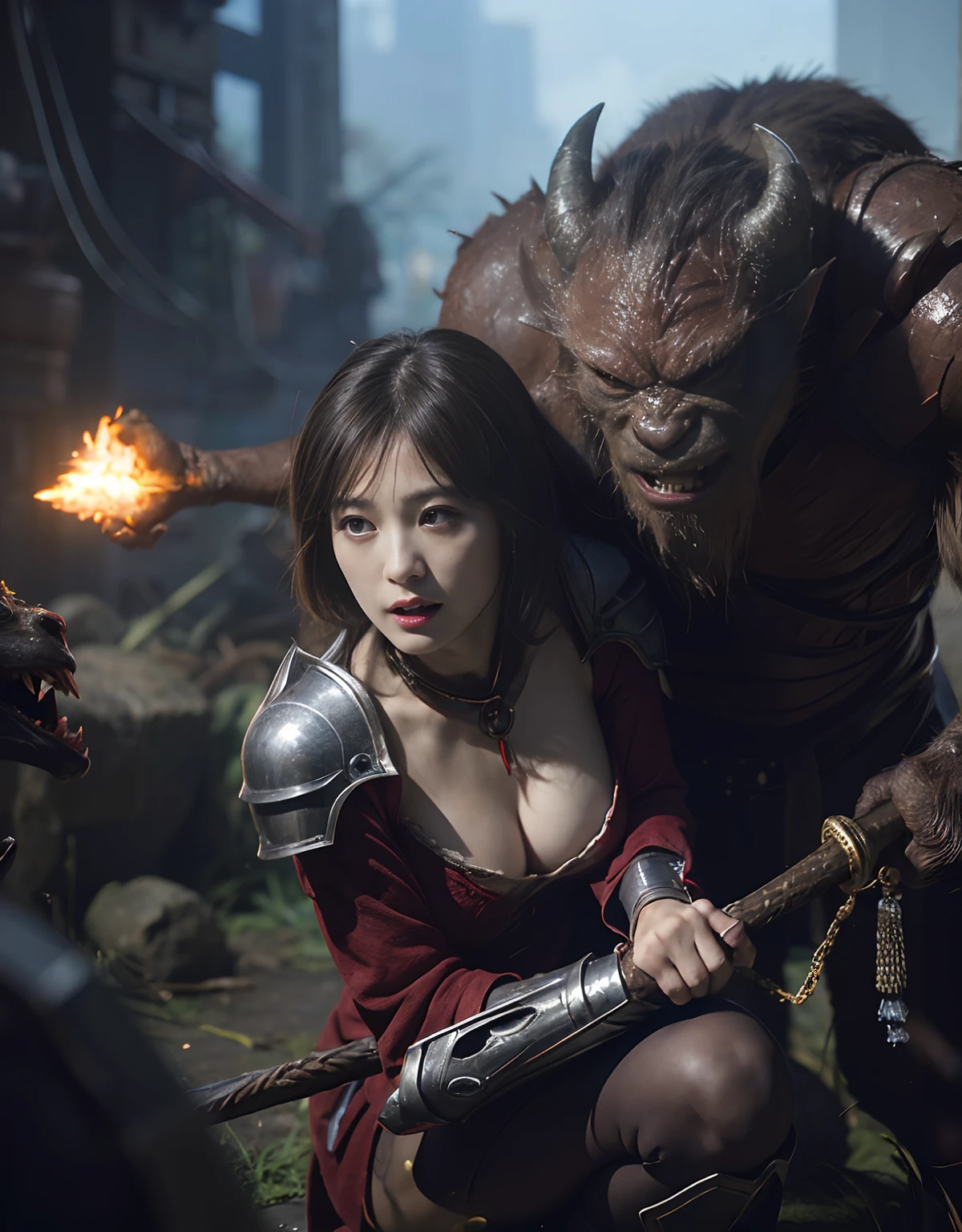 (One Knight Girl)、top-quality、masterpiece、超A high resolution、(Photorealsitic:1.4)、Raw photo、1人、Fight mutants、(Wear the Dark Knight's Armor)、glowy skin、(((Dark Fantasy)))、With a beautiful sword and shield、(Silver Metal Bodysuit)、(Kobold、ogre、Fierce battle with orcs),(Fight fiercely against aliens)、Fight fiercely、(Background of decaying dungeon ruins)、(Knight's helmet)、(Fighting Demonic Beasts)、(Small LED)、((super realistic details))、portlate、(Strong giant demon beast background),globalillumination、Shadow、octan render、8K、ultrasharp、Colossal tits、Raw skin is exposed in cleavage、metals、Details of complex ornaments、Japan details、highly intricate detail、Realistic light、(Mystical expression),CGSoation Trends、Red Eyes、radiant eyes、Facing the camera、neon details、(Mechanical limbs)、(blood vessels connected to tubes)、Mechanical vertebrae attached to the back、mechanical cervical attaching to neck、()、Gundam、Small LED、Toostock、()、(Attack of the Monster Beasts)、(Wounded in a deadly battle)、