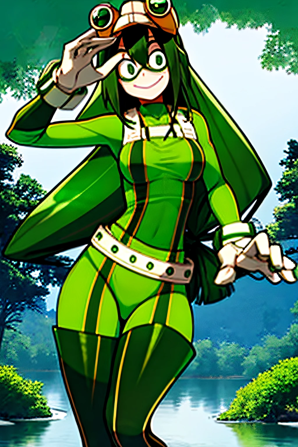 asui tsuyu, green bodysuit, goggles, low-tied long hair, hair rings, white gloves, looking at viewer, medium breasts, belt, mature female, water, pond, forest, latex,smile, hand on hip,