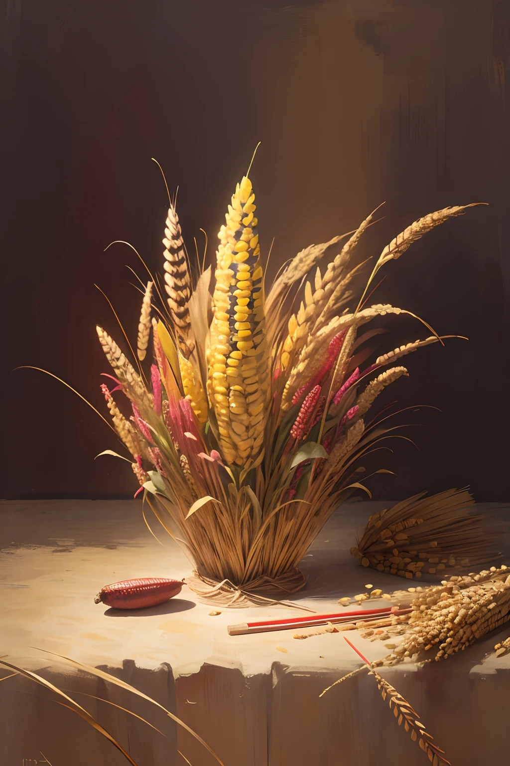 art noveau,Monet,abstract painting,A yellow corn,A red corn,straw,Wheat,A black corn