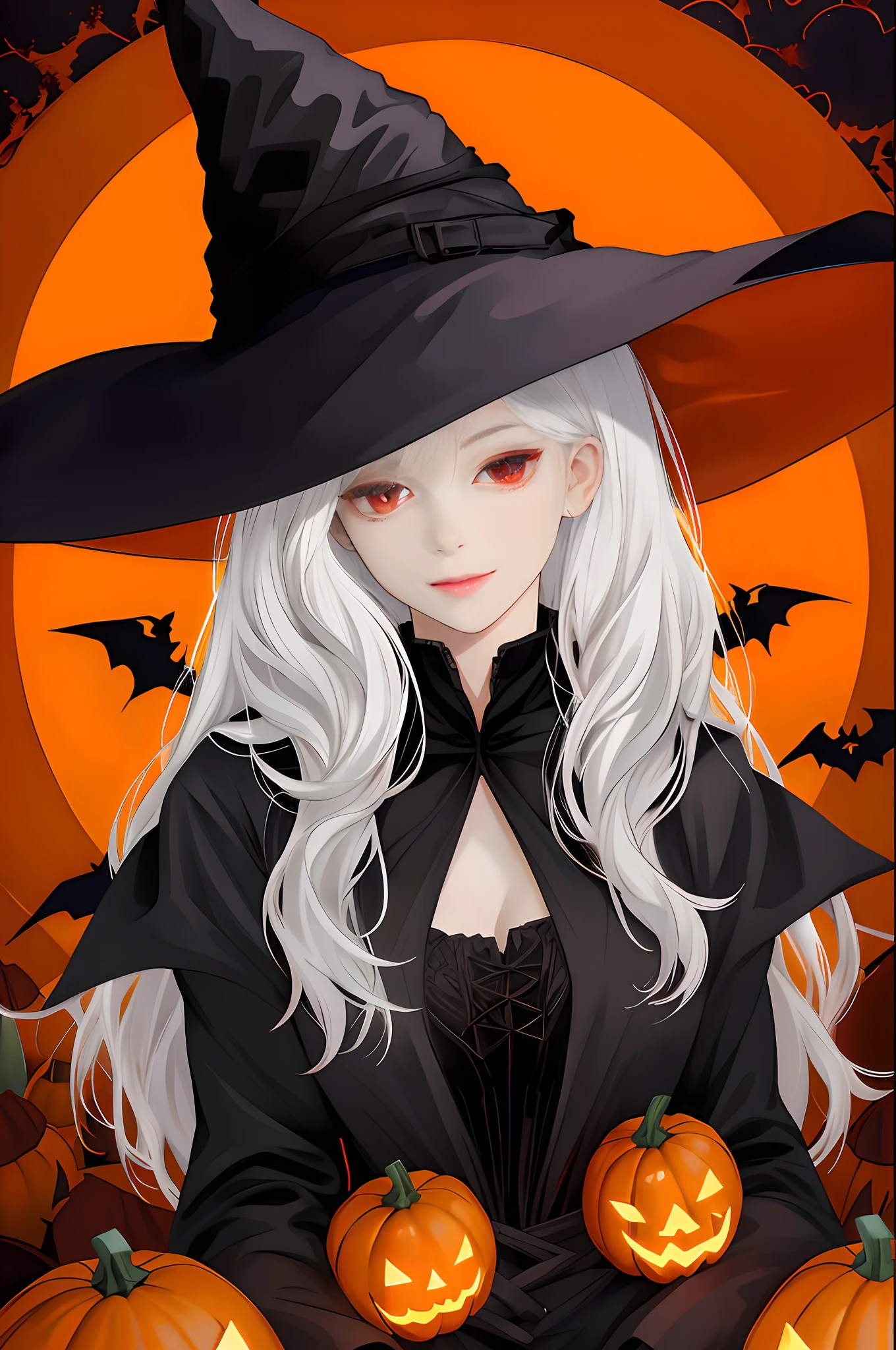 There's a woman in a witch costume holding two pumpkins, a witch hat, a witch outfit, a black outfit, white hair, an orange Halloween background, red eyes, a pretty girl