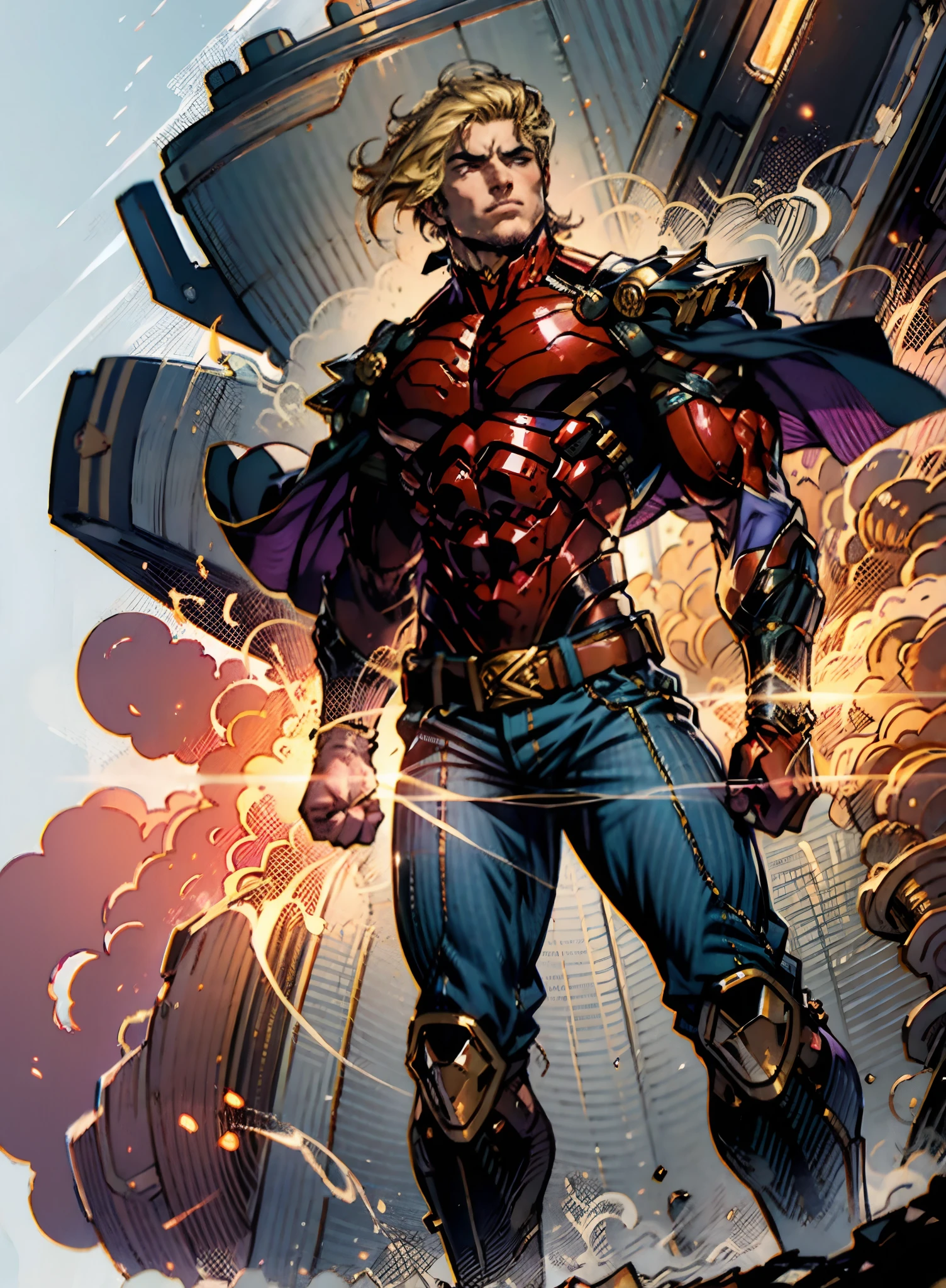 A middle-aged man with short golden hair, thick and tousled hair, a stern look, sharp eyes, well-defined facial features, a strong physique, he wears a short cape that flutters in the wind, a tight-fitting fantasy-style outfit, primarily in shades of blue-purple, accented by touches of orange-red and white, a gold belt with red jewels, matching trousers, the backdrop of a raging sea battle scene, a scene of intense naval warfare unfolds, this character embodies a finely crafted fantasy-style formidable maritime overlord in anime style, characterized by an exquisite and mature manga illustration art style, high definition, best quality, highres, ultra-detailed, ultra-fine painting, extremely delicate, professional, anatomically correct, symmetrical face, extremely detailed eyes and face, high quality eyes, creativity, RAW photo, UHD, 8k, Natural light, cinematic lighting, masterpiece:1.5