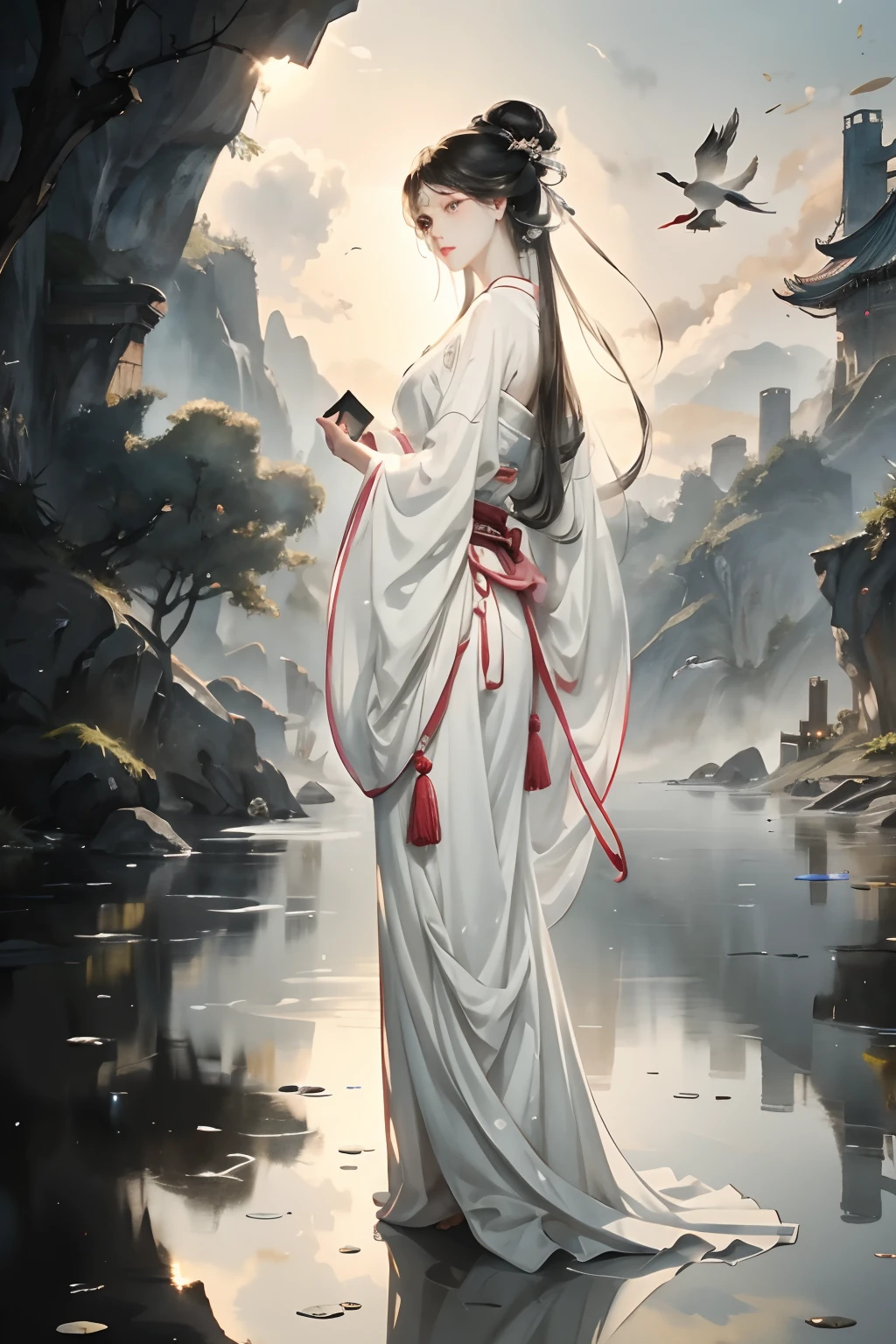 watercolour,(:A woman standing on a bridge...:13),barefoot,hanfu,Chinese-style clothes,Arch Bridge,..,beautiful anime scene,Reflections on the water surface,magpie,Black and white evening dress,delicate,Max Kwali,(master-piece:1,2),Best qualtiy,master-piece,original,verydetailedwallpaper,perfect lighting,(Very Detailed CG:1.2)Remote image Clear facial details