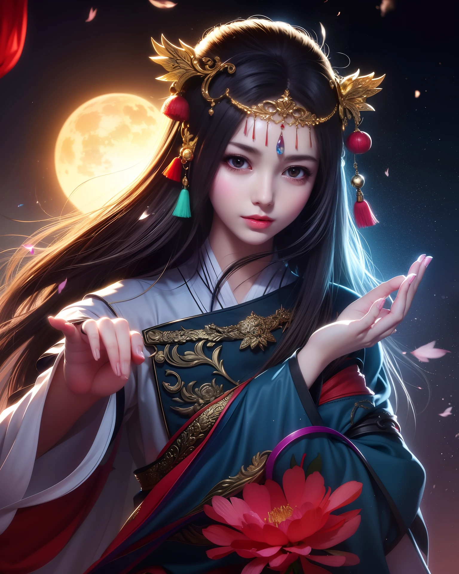 (8k, RAW photo:1.2),best quality, ultra high res,dramatic angle,(fluttered detailed color splashs), (illustration),(((1 girl))),(long hair),(rain:0.9),(hair ornament:1.4),there is an ancient palace beside the girl,chinese clothes,(focus on), color Ink wash painting,(color splashing),colorful splashing,(((colorful))),(sketch:0.8), Masterpiece,best quality, beautifully painted,highly detailed,(denoising:0.6),[splash ink],((ink refraction)), (beautiful detailed sky),moon,highly,detaild,(masterpiece, best quality, extremely detailed CG unity 8k wallpaper,masterpiece, best quality, ultra-detailed),(Lycoris radiata),