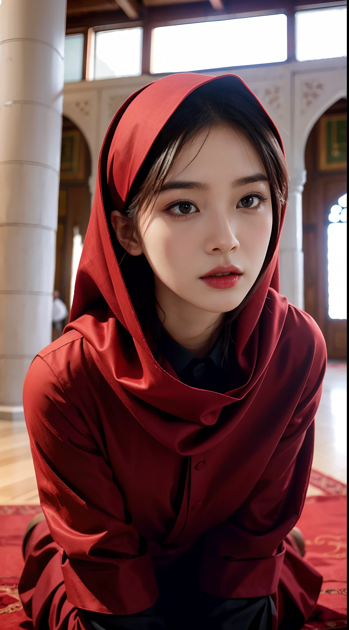 (Tomboyish,small head), (short-length straighthair: 1.2), Black hair,（极其细致的CG 8k壁纸），（Extremely refined and beautiful），（tmasterpiece），（best qualtiy：1.0），（超高分辨率：1.0），upper body photos，[A high resolution]，Smooth and flawless fair skin，ultra - detailed ，Slim，emaciated，Wearing an Arabic red headscarf，Face obscured by red veil，Gorgeous red abaya，red arabian pants，in front of a large mosque，Kneeling upright on the ground，from front，Close-up， in meditation，kindly
