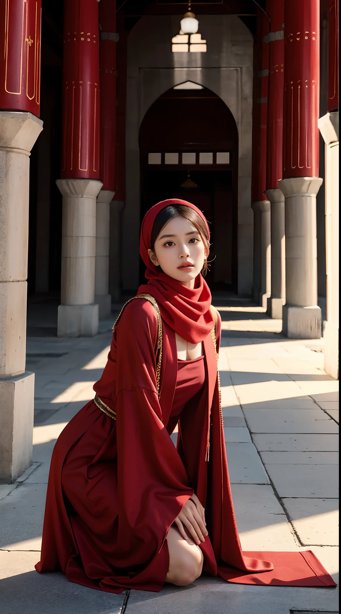 Arafed woman in red dress sitting on the ground in front of a building ...