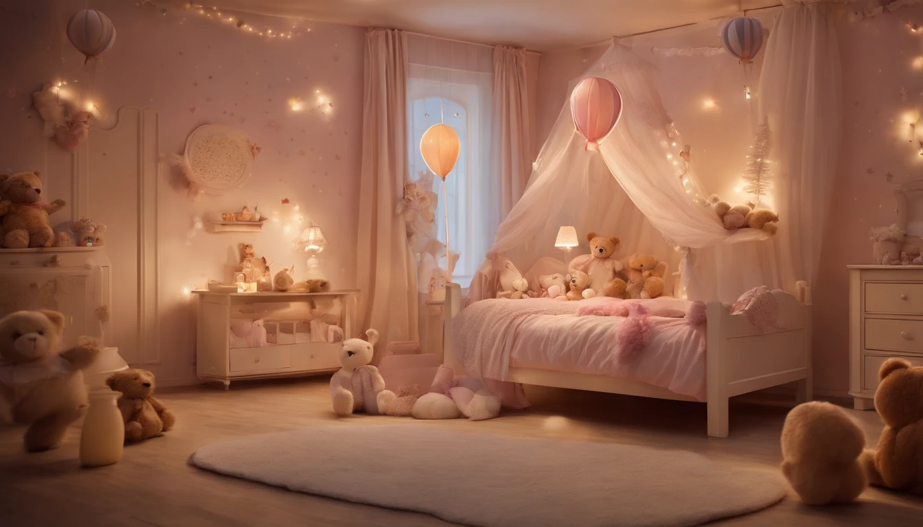 (highres,masterpiece:1.2),playful,cosy girls bedroom,soft colors,pastel tones,bright natural light,cute decorations and toys,fluffy pillows,comfy bed,two beautiful detailed girl dolls,dreamy atmosphere,storybook theme,fairytale wallpaper,sparkling stars,storybook illustrations,whimsical furniture,vivid imagination,butterfly mobile,hanging dream catchers,enchanted forest mural,glowing night light,floating balloons,teddy bears,sweet dreams