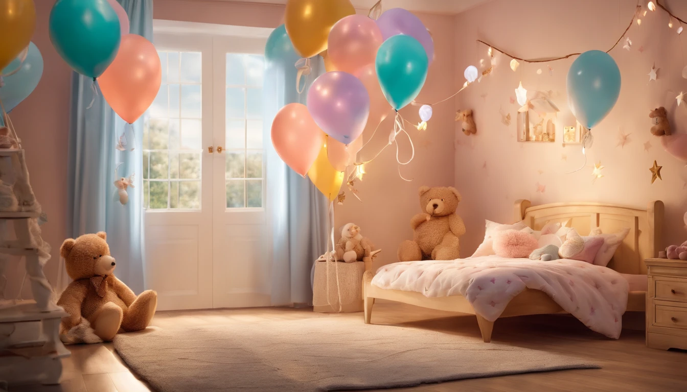 (highres,masterpiece:1.2),playful,cosy girls bedroom,soft colors,pastel tones,bright natural light,cute decorations and toys,fluffy pillows,comfy bed,two beautiful detailed girl dolls,dreamy atmosphere,storybook theme,fairytale wallpaper,sparkling stars,storybook illustrations,whimsical furniture,vivid imagination,butterfly mobile,hanging dream catchers,enchanted forest mural,glowing night light,floating balloons,teddy bears,sweet dreams