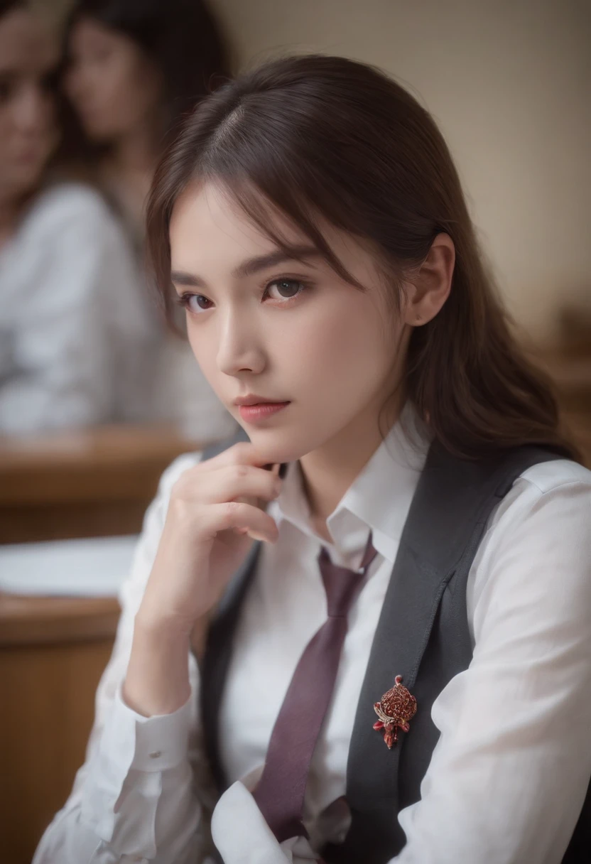 KyokoDG, 1girl, tie, 独奏, jacket, Shirt, looking a viewer, long sleeves, white shirt, shirt with collar, Sitting on a dragon , Classroom, Pink blood,