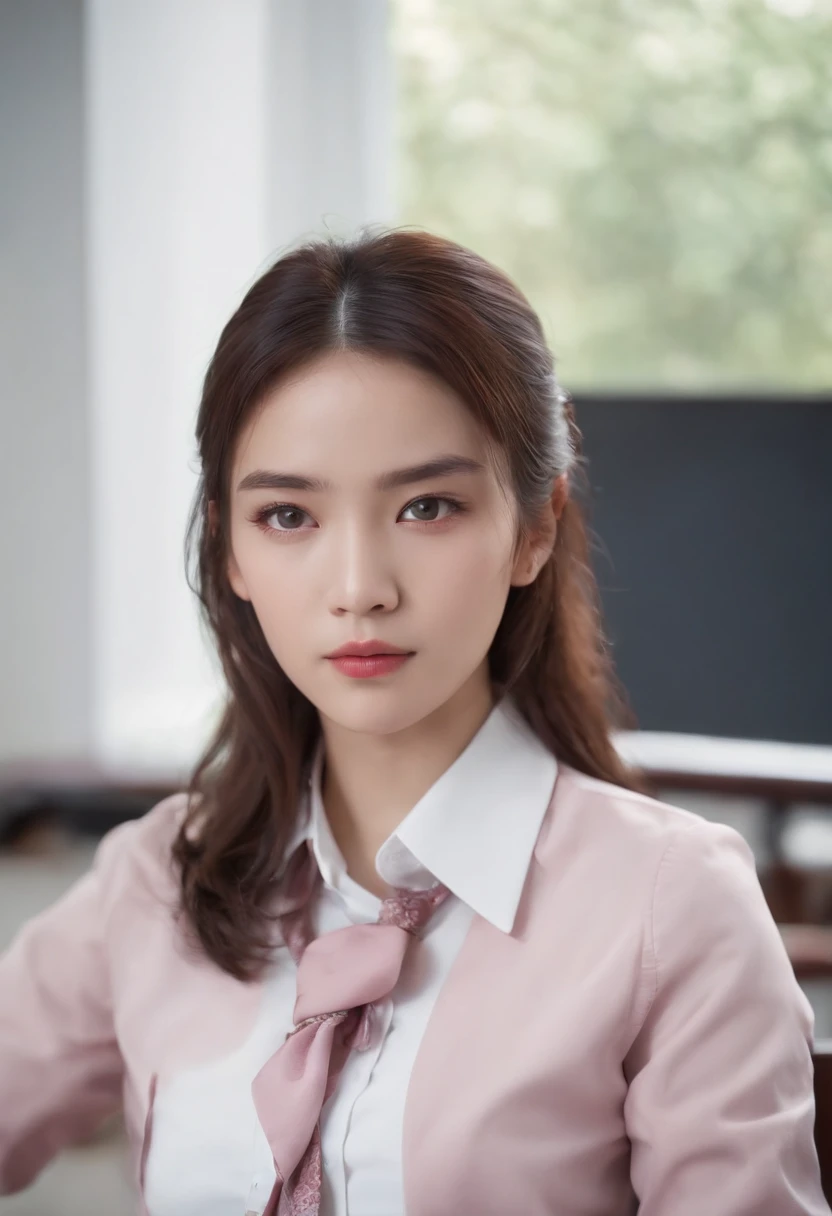 KyokoDG, 1girl, tie, 独奏, jacket, Shirt, looking a viewer, long sleeves, white shirt, shirt with collar, Sitting on a dragon , Classroom, Pink blood,