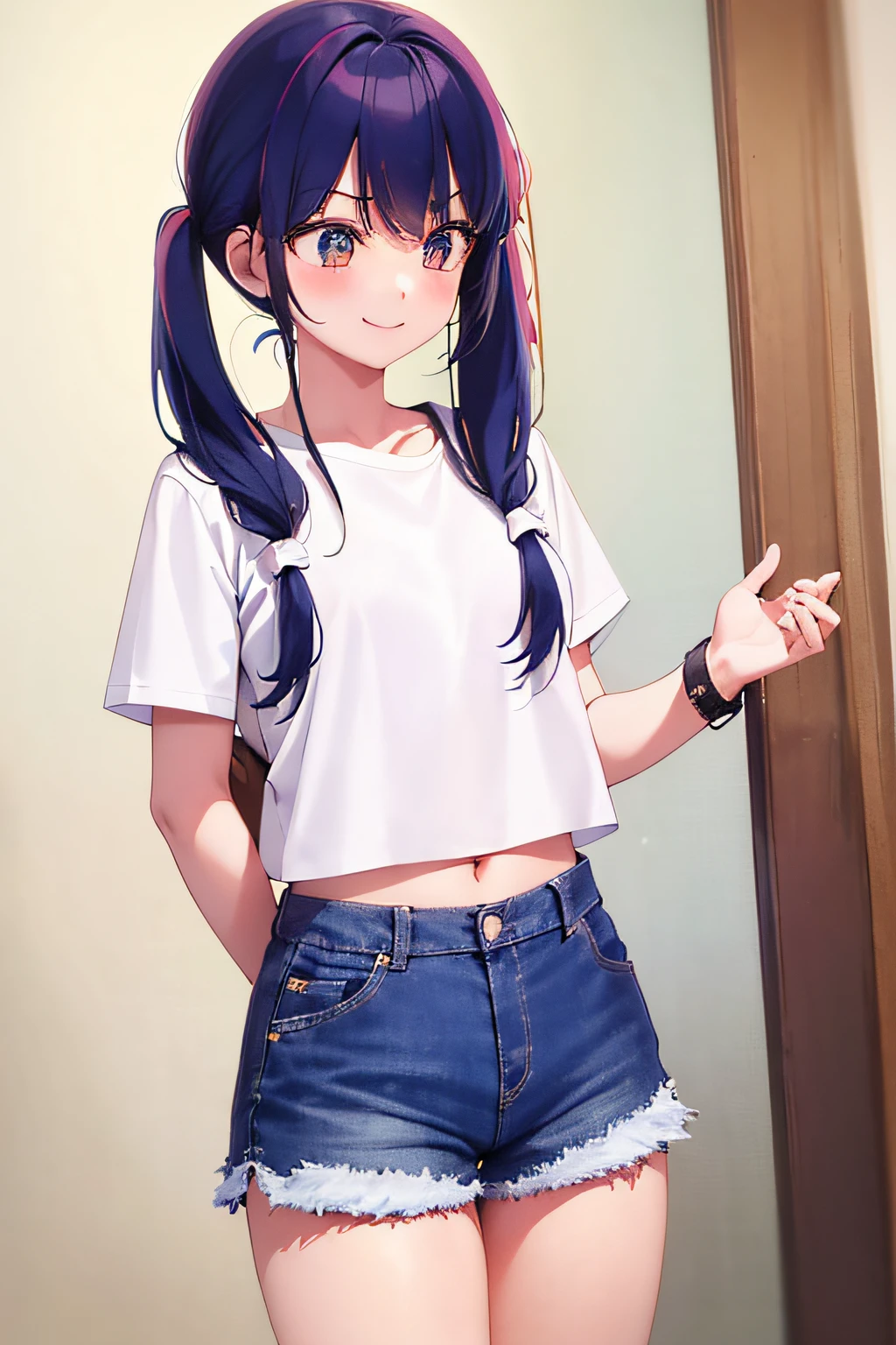 a japanese girl、25-years old、Simple white tee shirt with navel visible、Simple shorts in jeans、Hairstyle is twin tails、Hair color is green hair、The place is home、smiling girl、I don't have a bag、Brown watch on left wrist、Anime style、profile、Dating your boyfriend、full bodyesbian