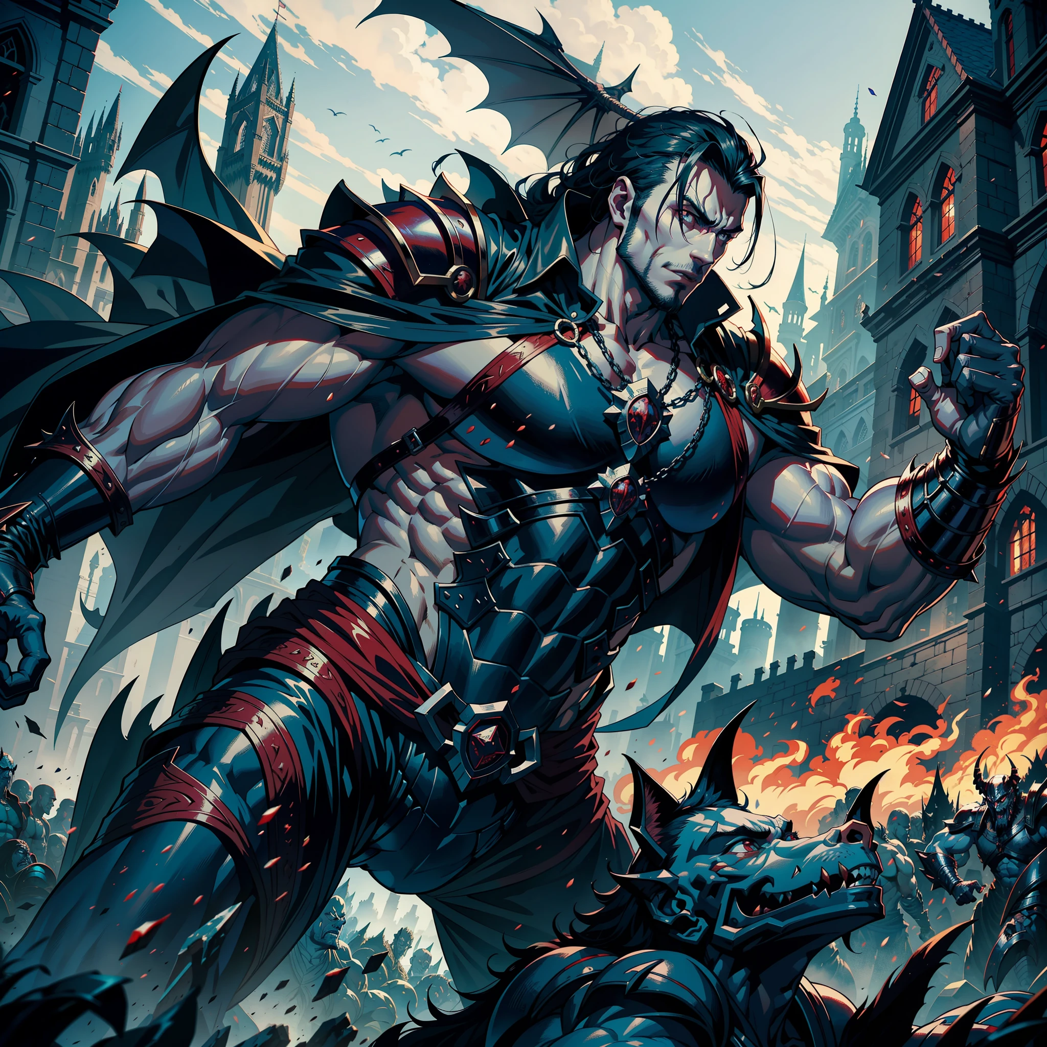 Lord Dracula muscular handsome medieval warrior returning to his castle Victorious with his troops armed demon at noon hyper realistic super detailed Dynamic shot centerpiece cinematic scene scenes movie Epic Legendary correct proportions Anatomy correct poses