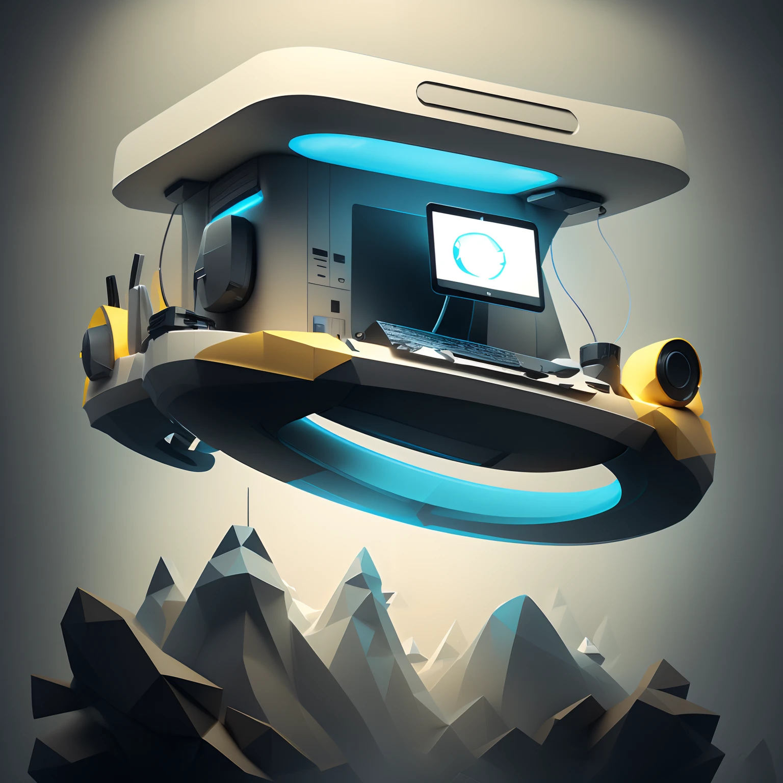 floating working desk in the air, (futuristic, simple, simple shading), soft lightning, blue-yellow color, white-grey color, computer, pc, desk, chair, keyboard, mouse, technology, programmer, designer, website development, mobile apps development, clean background