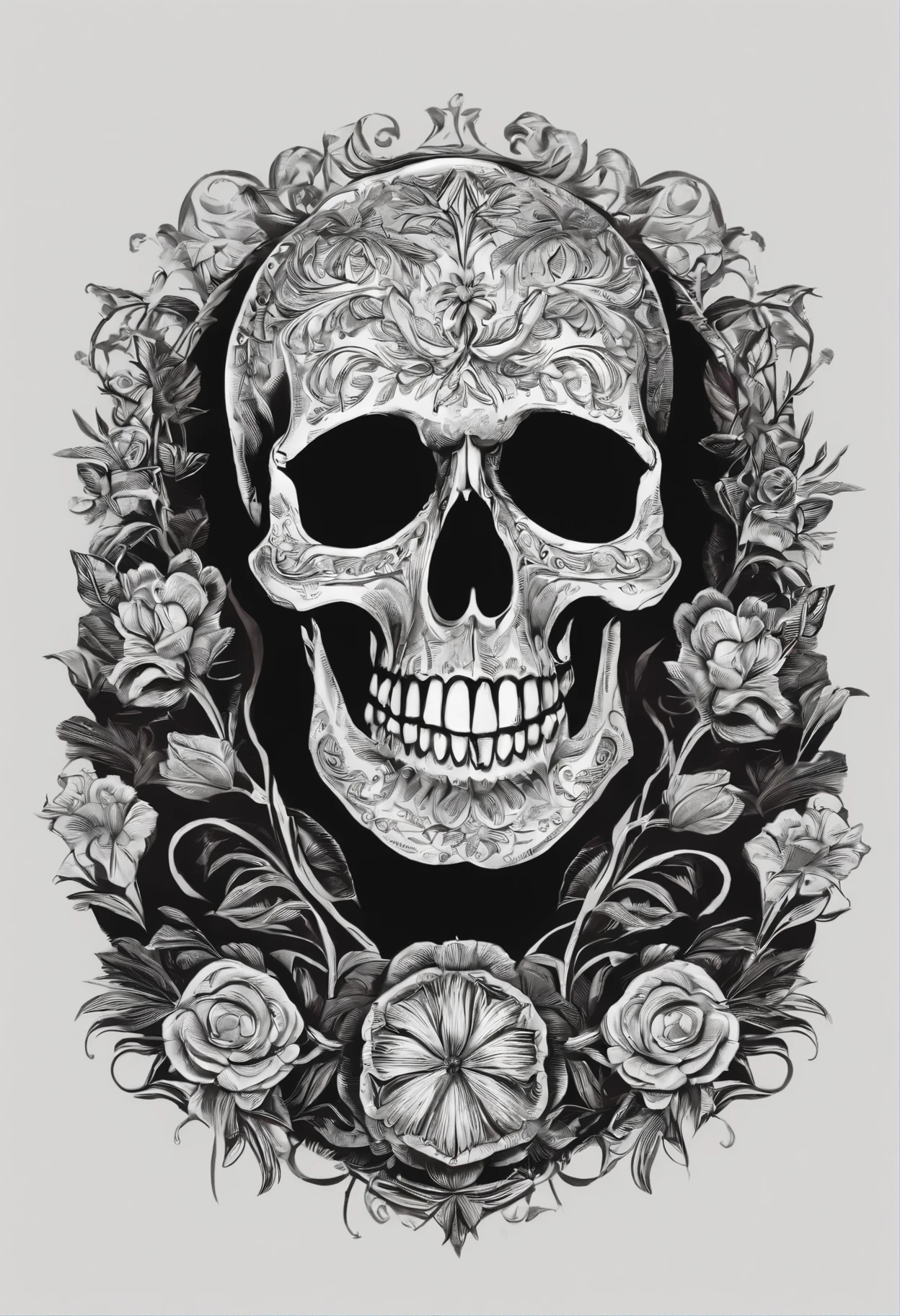 Skull and rose tattoo design, ((skull)), drawing of a skull, skull tattoo, half skull half face, death skull, Skull head, tattoo design, medium sized tattoo sketch, half skull face, skelleton, caveira, hard outline, tattoo stencil, skull bones flowers, Sacred skull, skull design for a rock band, temporary tattoo, tattoo sketch,Vintage illustration,Retro,Graphic illustration,planar