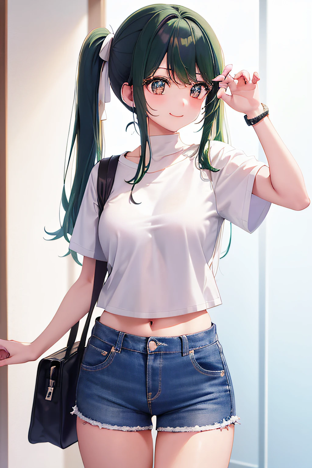 An anime-style illustration of a cute high school girl with blue-green hair in twin tails, sitting naked in a Western-style toilet, holding her crotch to urinate, and shyly looking up at me.