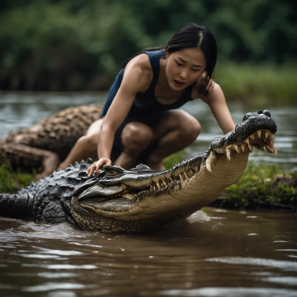 ((there is a asian girl kicking a crocodile in the face in the water)), epic action shot, in an action pose, swamp monster, impressive winning photo, dramatic action shot, battle action shot, crocodile, in the style of webcam photography, in the swamp, explosive wildlife, associated press photo, close-up, plaid skirt and navy tshirt, ((short slim asian girl)), photorealistic, high quality, 4k, hd