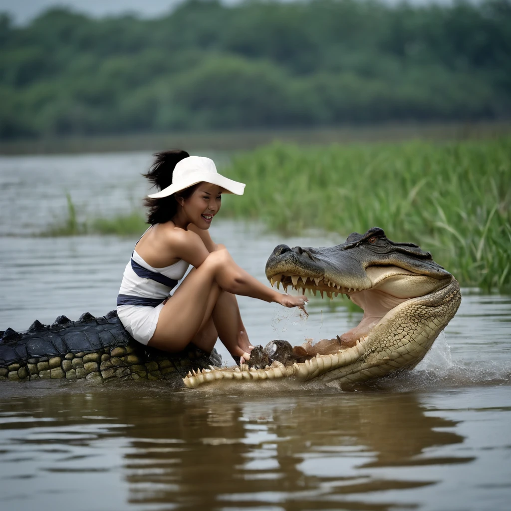 ((there is a asian girl kicking a crocodile in the face in the water)), epic action shot, in an action pose, swamp monster, impressive winning photo, dramatic action shot, battle action shot, crocodile, in the style of webcam photography, in the swamp, explosive wildlife, associated press photo, close-up, plaid skirt and navy tshirt, ((short slim asian girl)), photorealistic, high quality, 4k, hd
