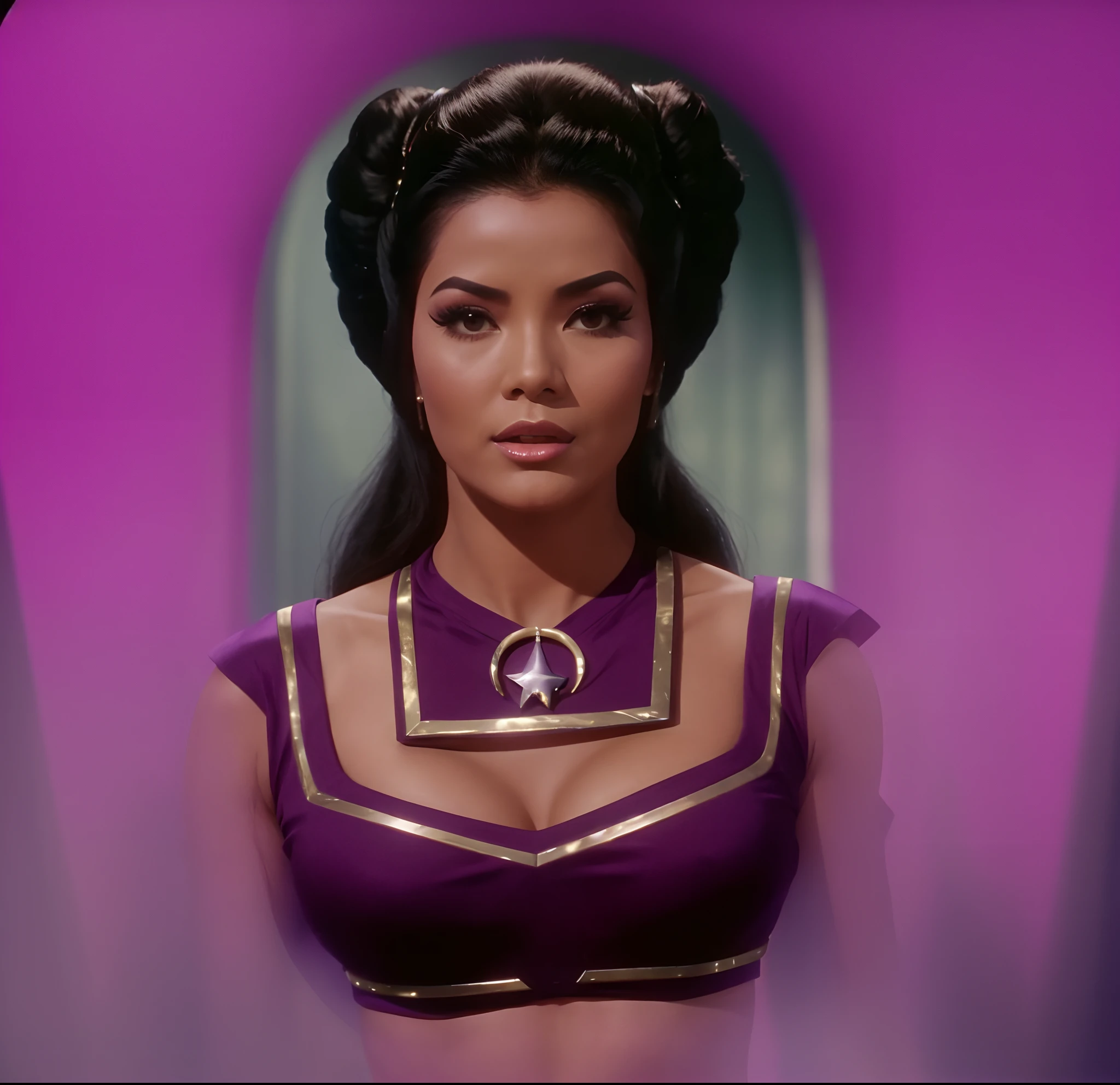 Bodacious curvaceous Oriental woman, wearing bright heavy purple & neon green makeup & elaborately coiffed black hair with side rolls, standing in a namaste pose, in star trek the original series, in star trek original series episode "That Which Survives", from star trek, film still from star trek, star trek gorgeous Oriental woman, in alien genie outfit, still from star trek, in alien space genie bikini outfit, as a seductive sultry star trek woman, as beautiful star trek alien woman Losira, in a 2-piece alien space bikini genie harem outfit