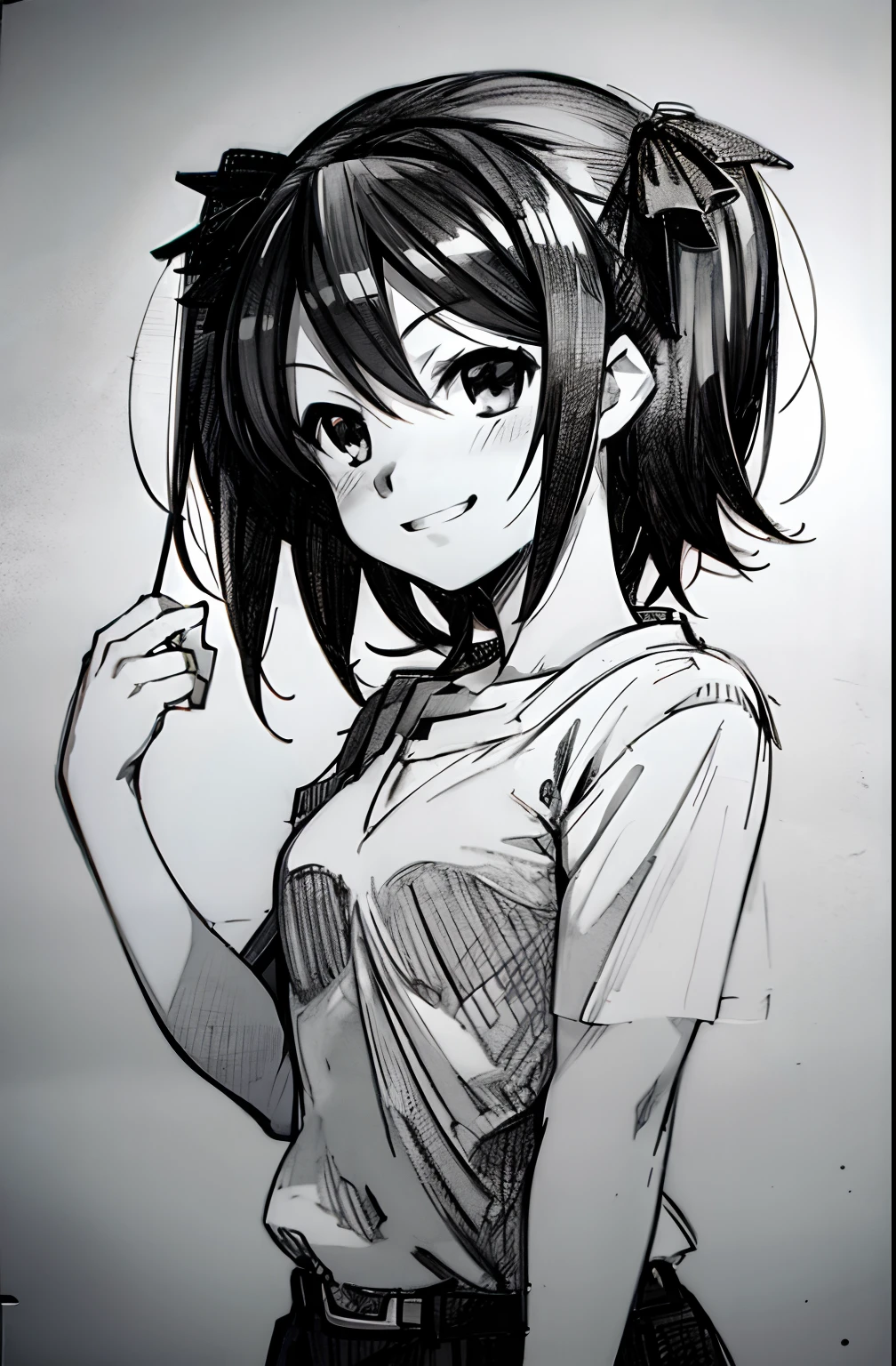 pencilsketch, 1girl, haruhi Suzumiya, smile, happy, monochrome, upper body