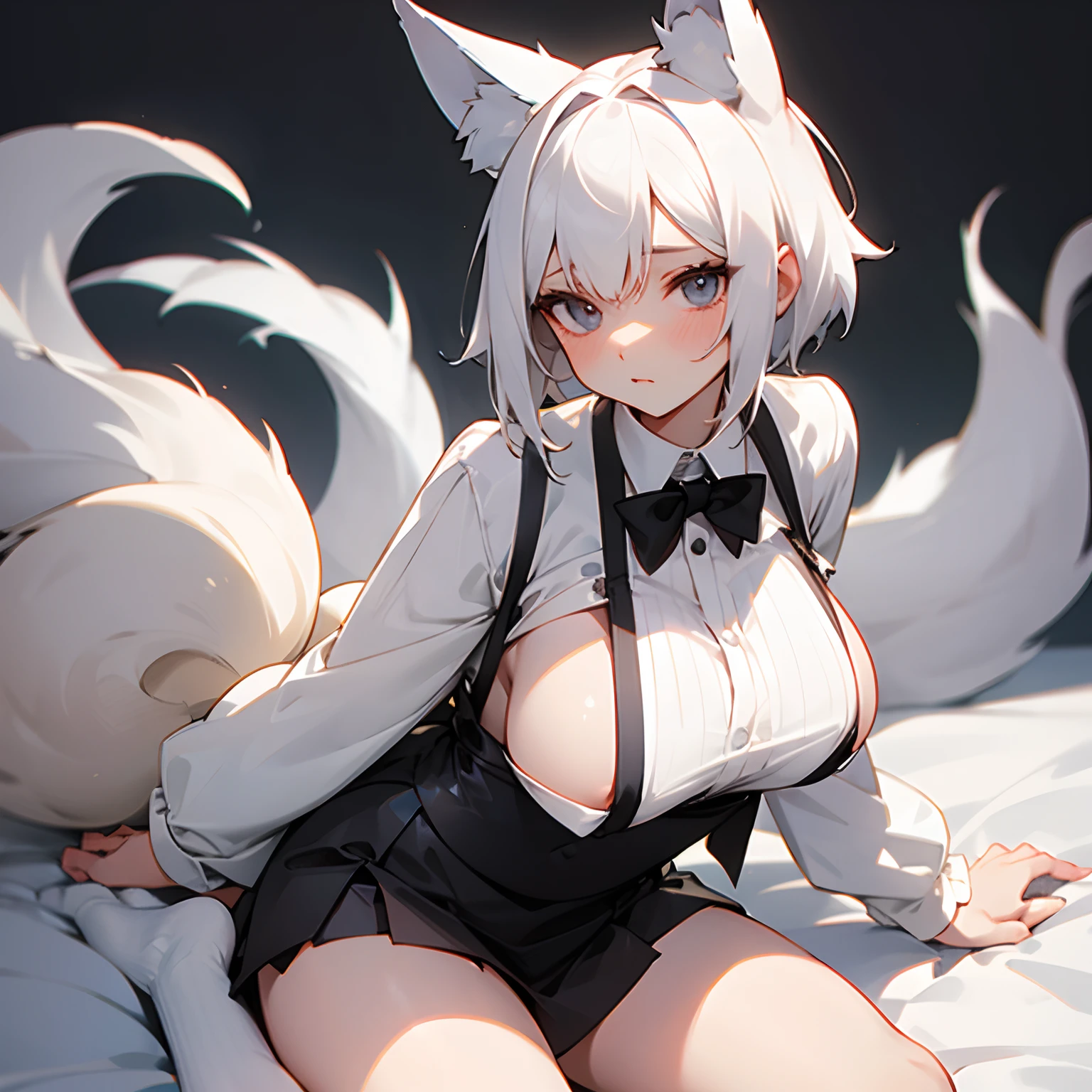 White silk hair,fox ear,short skirt,Chestless clothing,Large breasts,Hold your breasts up with both hands,duck sitting,onbed,White socks,Black silk suspenders