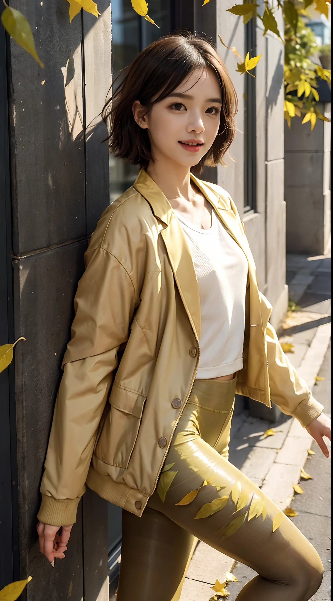 (Small underboob,Tomboyish,small heads)), (perfect bodies: 1.1), (shoulder length straight short hair: 1.2),attractive collarbone，（极其细致的CG 8k壁纸），（Extremely refined and beautiful），（masterpiece），（best qualtiy：1.0），（超高分辨率：1.0）,[A high resolution]，cheerfulness，smile，Smooth and flawless fair skin，ultra - detailed ，Elongated legs，（Small breasts:1.1),Flat chest,underboob,Slim，emaciated，(sports jacket made of yellow leaves:1.5),(pantyhose made of yellow leaves:1.4),White sneakers,autumn, in residential areas,high-rise residential buildings,in garden,on path,(running:1.5),(Hair flying:1.3),midday sunlight,(open mouth:1.2) ,(female orgasmic:1.3), (blush:1.3),(sweat:1.6),
