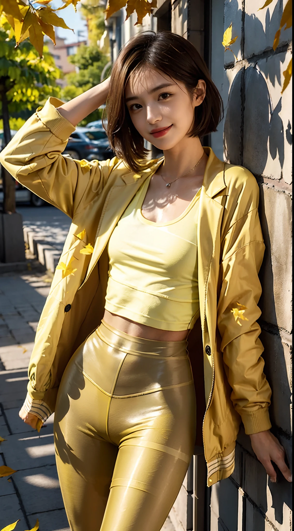 (Small underboob,Tomboyish,small heads)), (perfect bodies: 1.1), (shoulder length straight short hair: 1.2),attractive collarbone，（极其细致的CG 8k壁纸），（Extremely refined and beautiful），（masterpiece），（best qualtiy：1.0），（超高分辨率：1.0）,[A high resolution]，cheerfulness，smile，Smooth and flawless fair skin，ultra - detailed ，Elongated legs，（Small breasts:1.1),Flat chest,underboob,Slim，emaciated，(sports jacket made of yellow leaves:1.5),(pantyhose made of yellow leaves:1.4),White sneakers,autumn, in residential areas,high-rise residential buildings,in garden,on path,(running:1.5),(Hair flying:1.3),midday sunlight,(open mouth:1.2) ,(female orgasmic:1.3), (blush:1.3),(sweat:1.6),