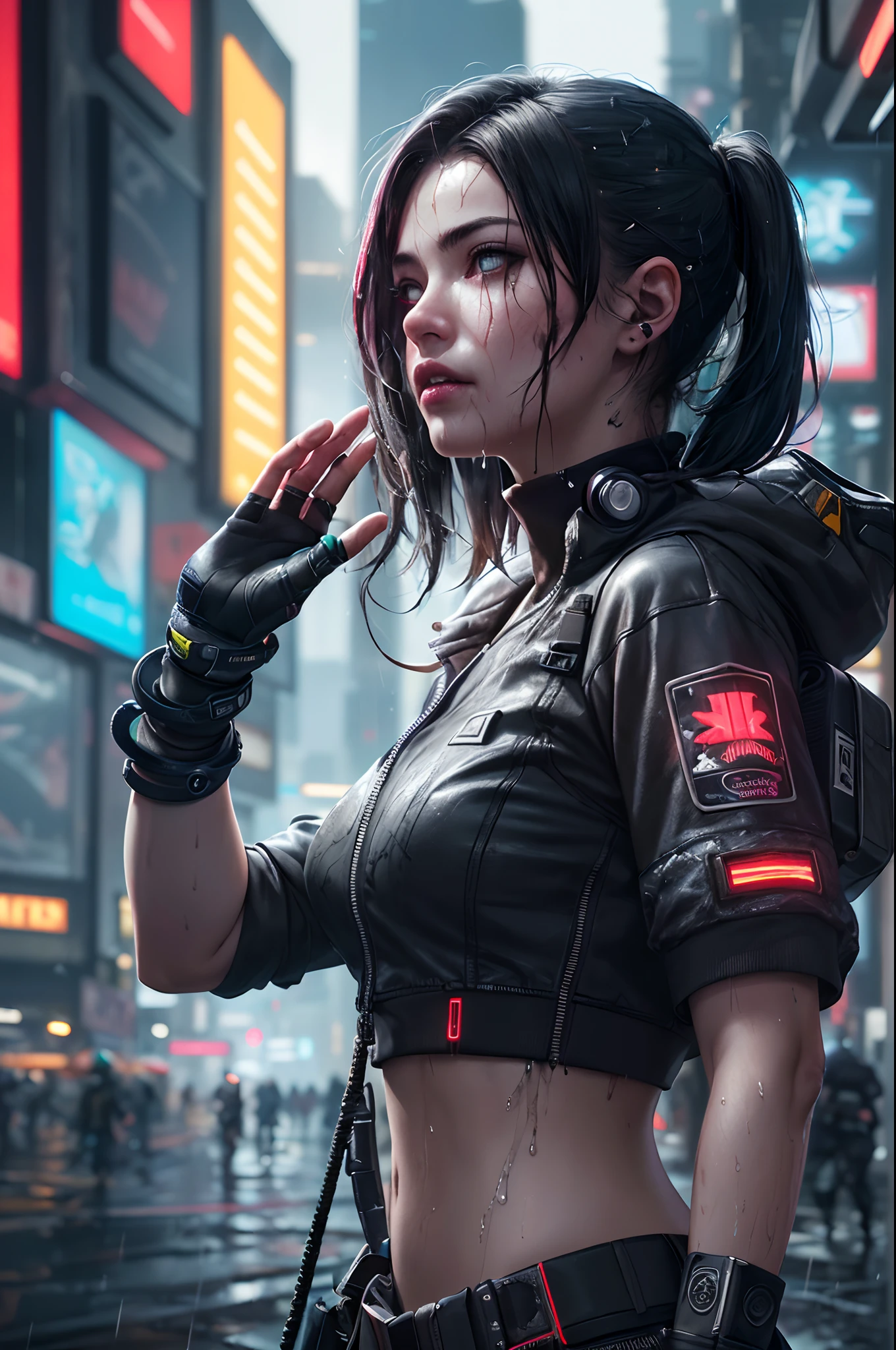 Award Winning Digital Artwork:1.3) of (Ultra detailed:1.3) a man 30 yo, military cloth, heavy rain ambient, wet cloth, long black, hair, wet skin, epic, intricate details, hyperdetailed, hdr, 8k, rtx, octane, unreal, (close up:0.5) CGSociety,ArtStation,(Cyberpunk Art:1.3),(Cybergoth Art:1.3),(Agfacolor:1.3)