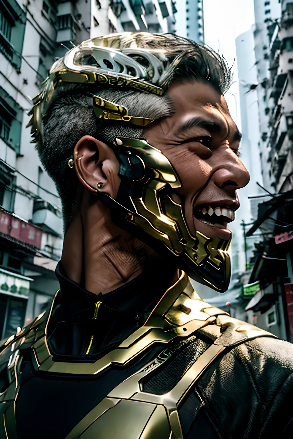 50 years old, asian, muscular, male, wearing gold cyber armour, short white hair, yelling, violence, cinematic, realistic, high quality, close up, photo, Hong Kong street, crowded