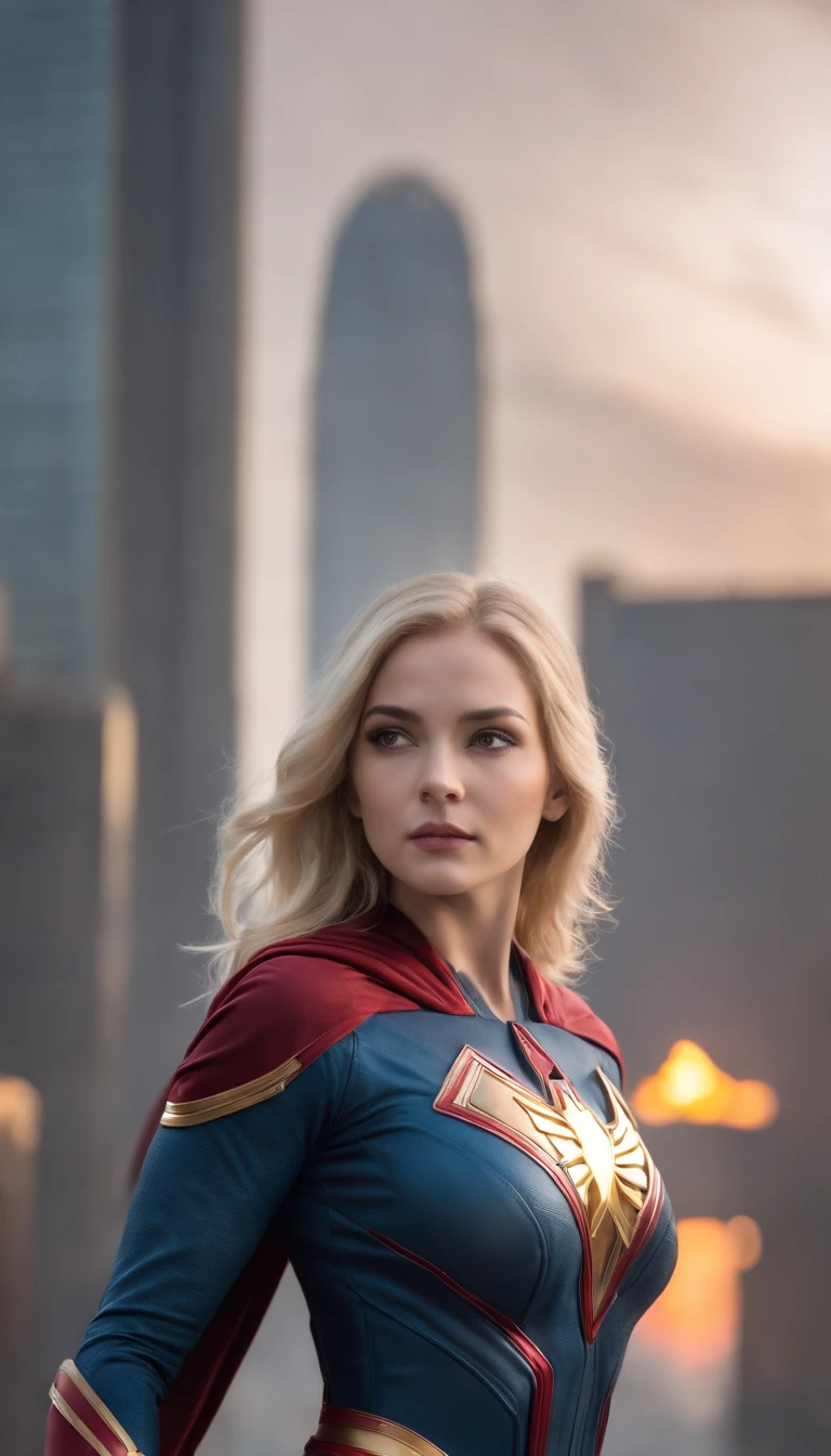 (Best Quality,hight resolution,masutepiece:1.2),Ultra-detailed,(Realistic:1.37) Superheroine in an all-in-one costume. The costume is made of metallic blue material. in black、It has a red logo on the chest. She has blonde hair and、Posing just before takeoff. The scene is、Set in a city with skyscrapers and dynamic skies. The lighting is dramatic and、A beam of sunlight breaks through the clouds, Emphasize her heroic presence.