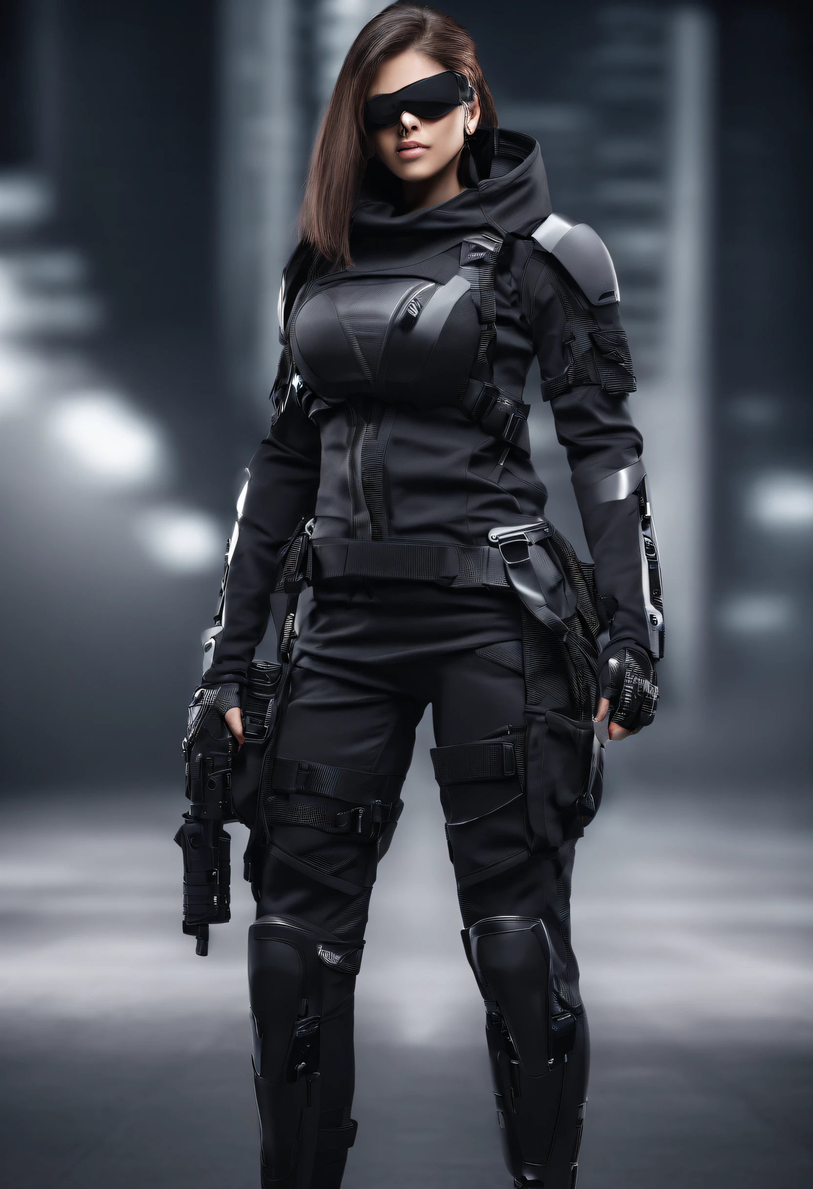 (Full body portraits),big breasts body(1:1.5)(golden colored,Amber goggles),Storm jacket,Interior white background background,agent,Uma personagem feminina,Equip long knives,Firearms,the motorcycle